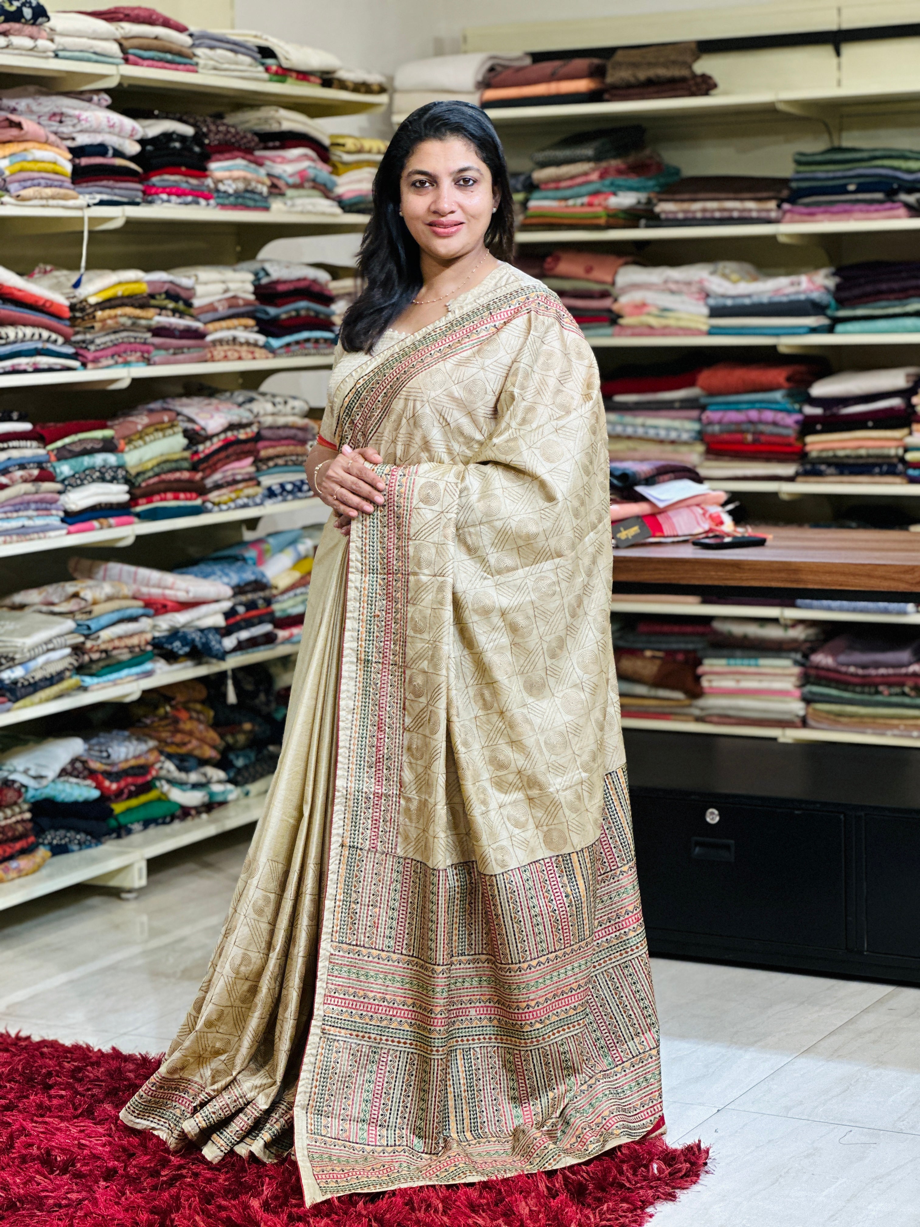 Thread Embroidery Geometric Patterned Tussar Finish Saree | SUN592