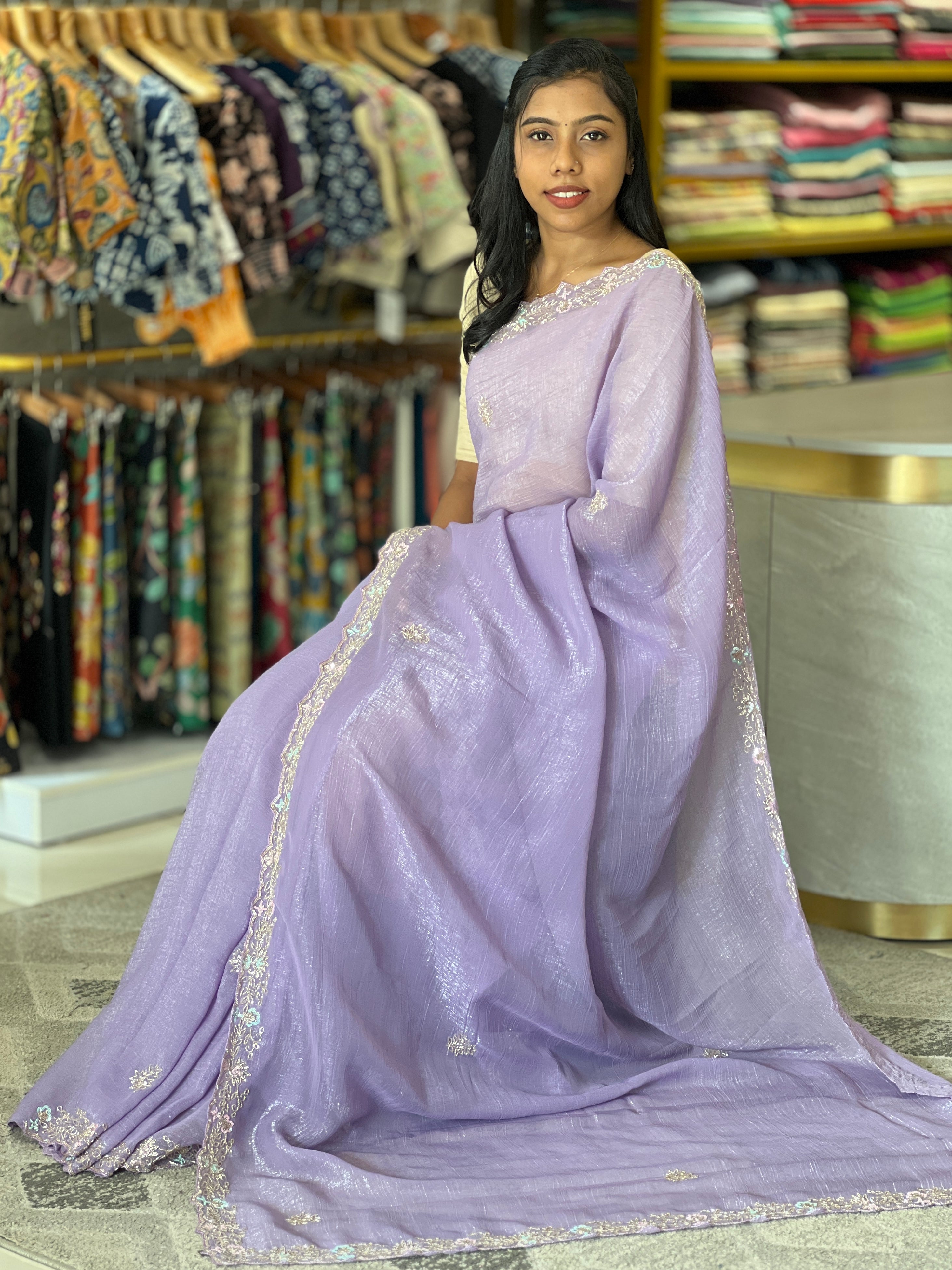 Embroidered Crushed Shimmer Organza Saree  | SBP677