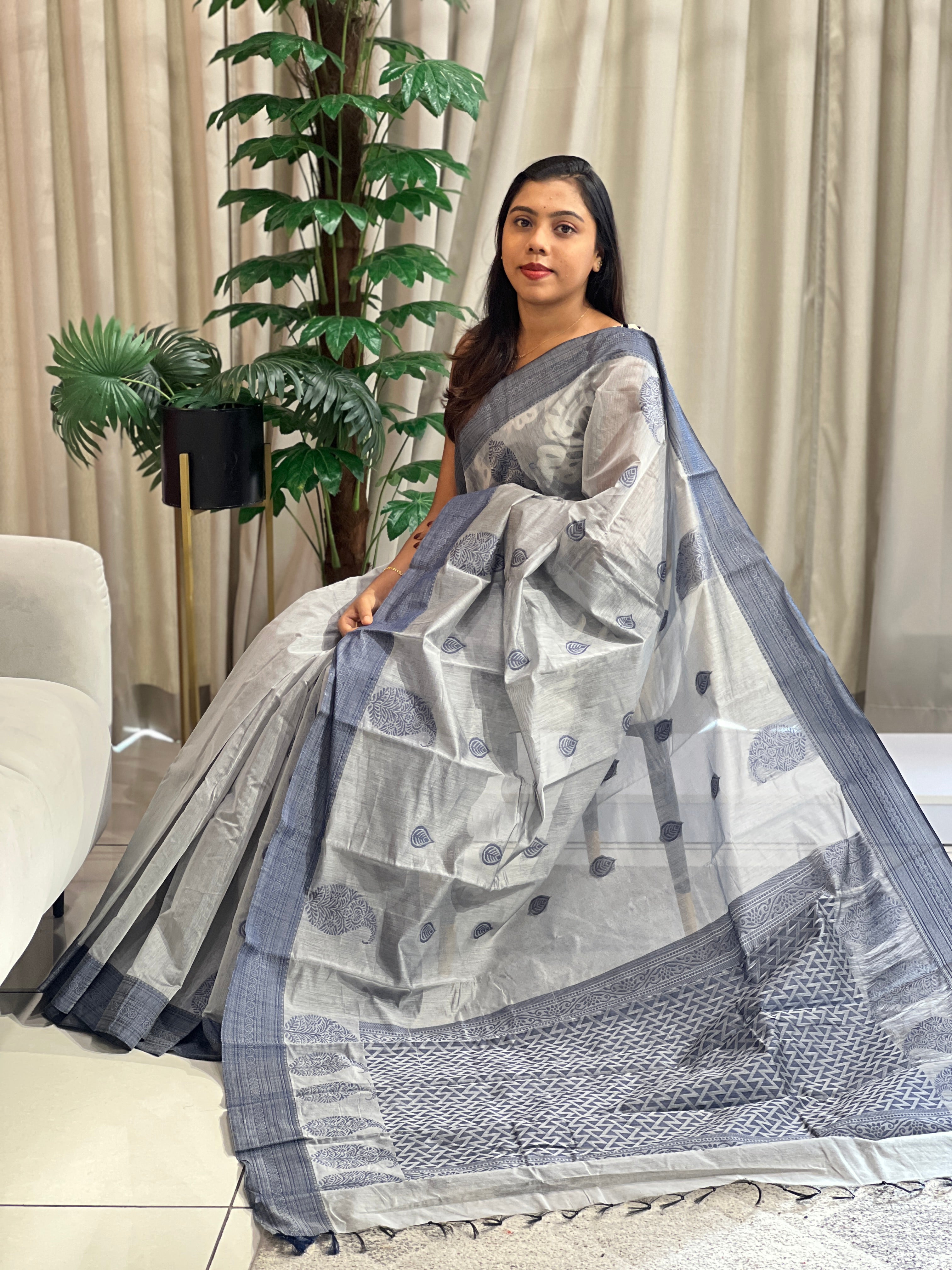 Contrast Color Border Cotton Saree | PST116