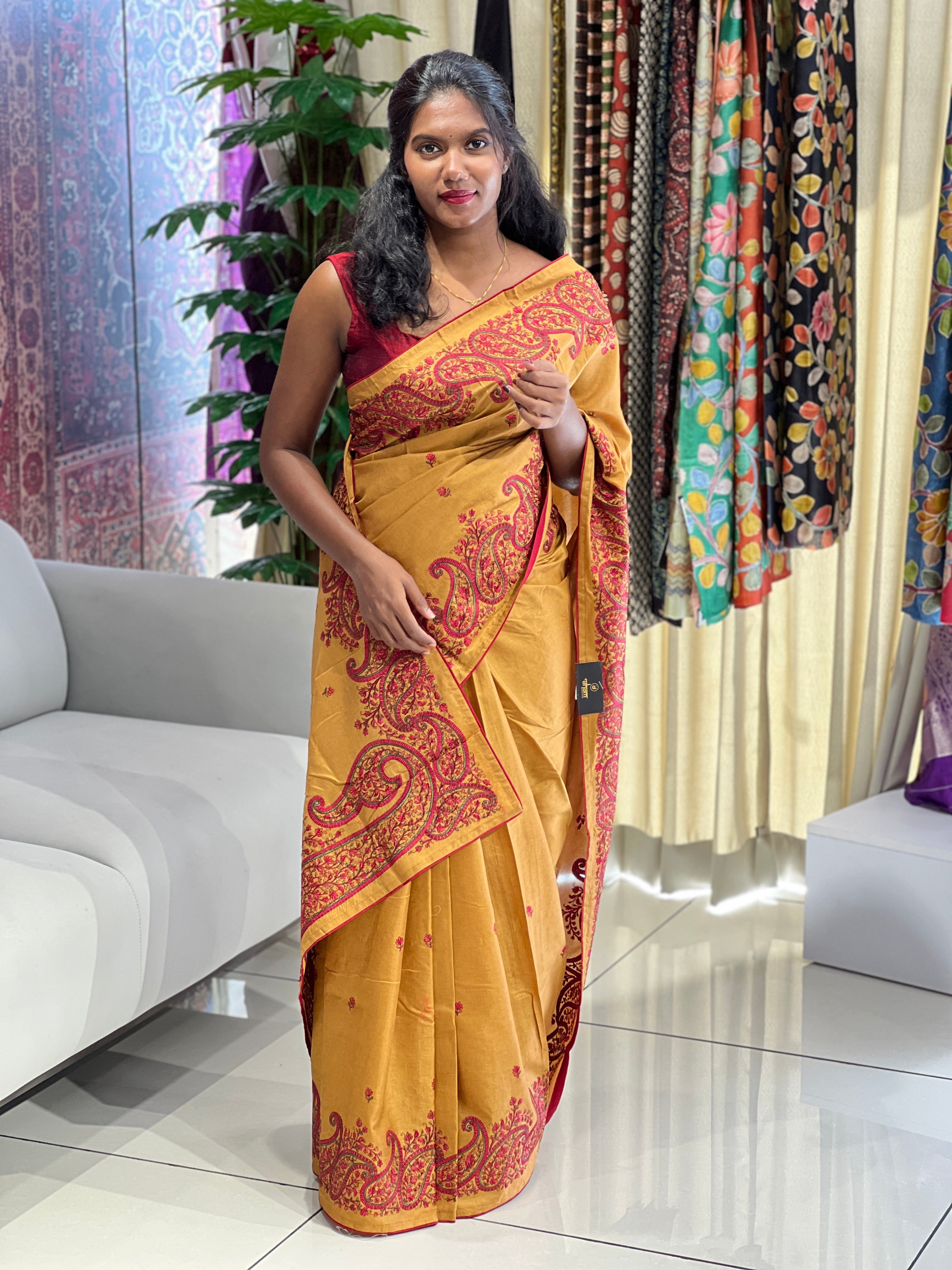 Machine Embroidery Detailed Semi Tussar Saree | SUN491