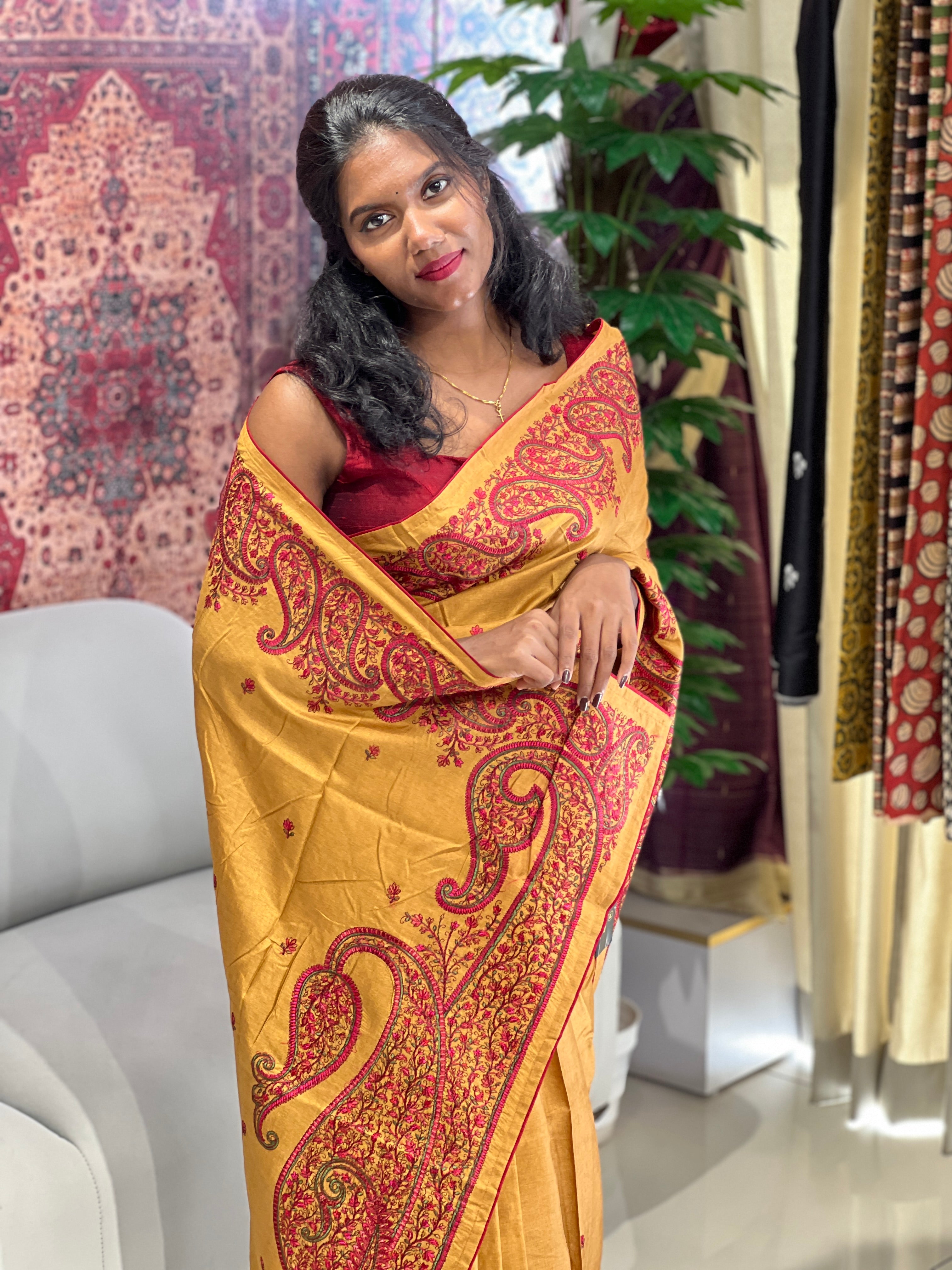 Machine Embroidery Detailed Semi Tussar Saree | SUN491