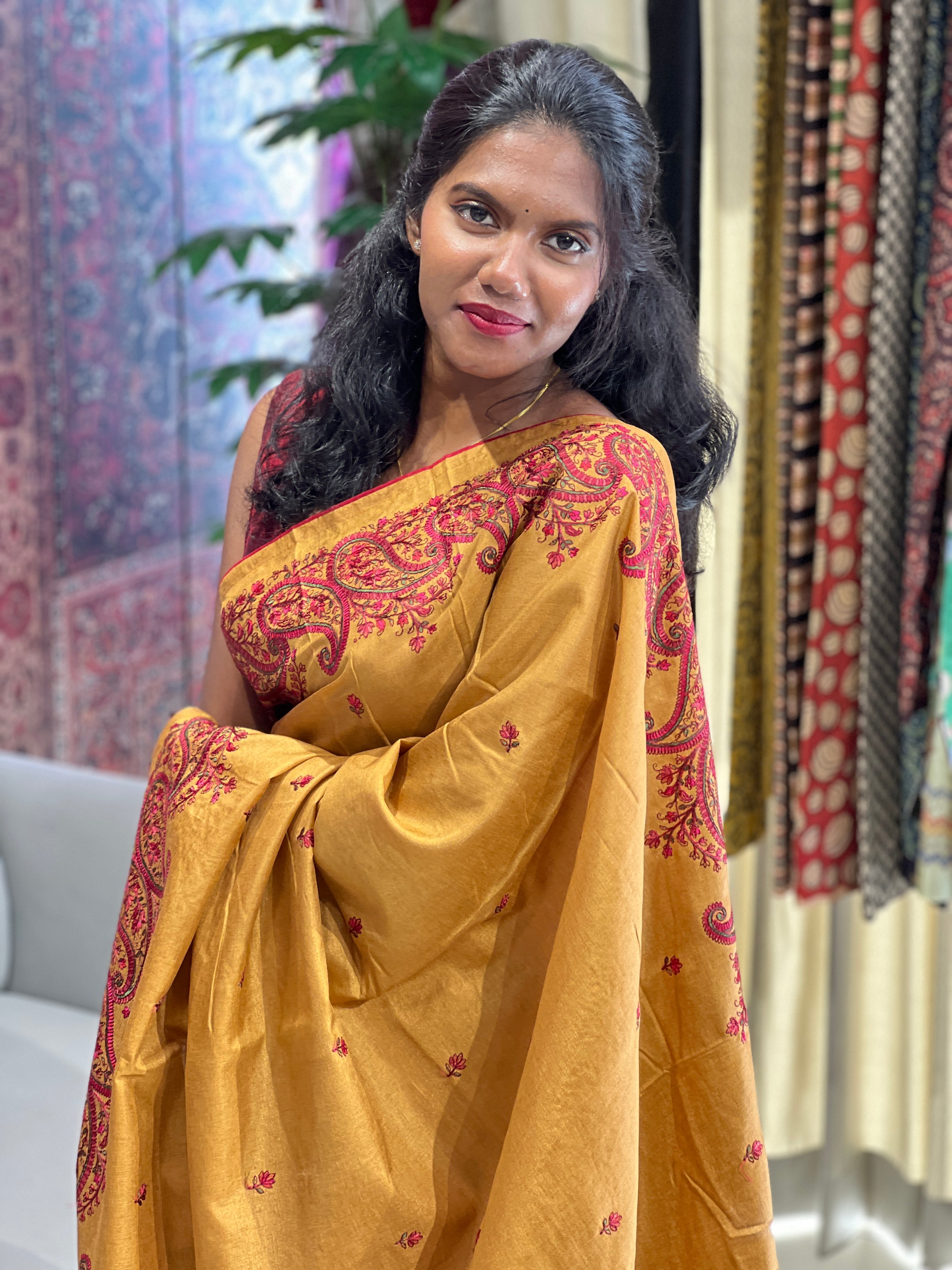 Machine Embroidery Detailed Semi Tussar Saree | SUN491