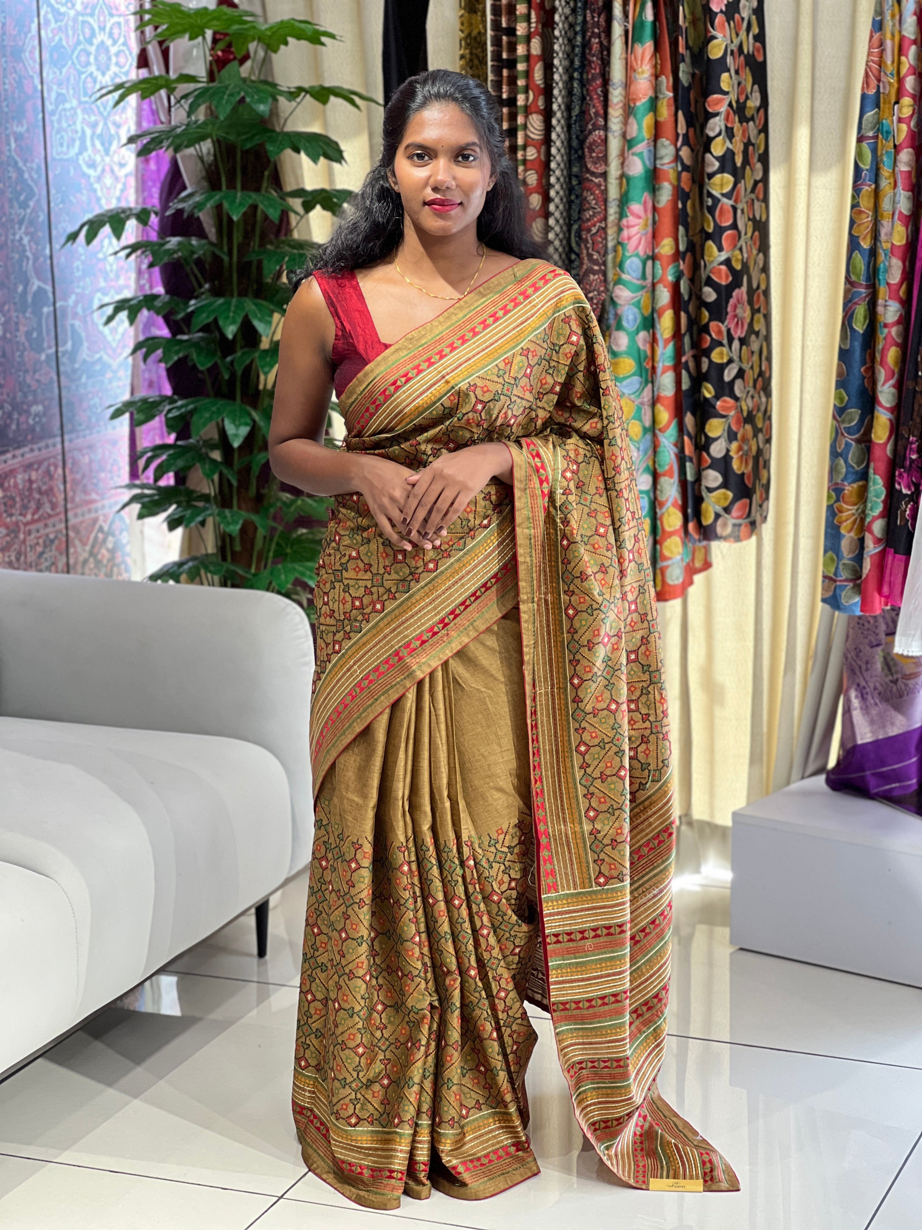 Multi-Colour Thread Embroidery Detailed Tussar Finish Saree | SUN497