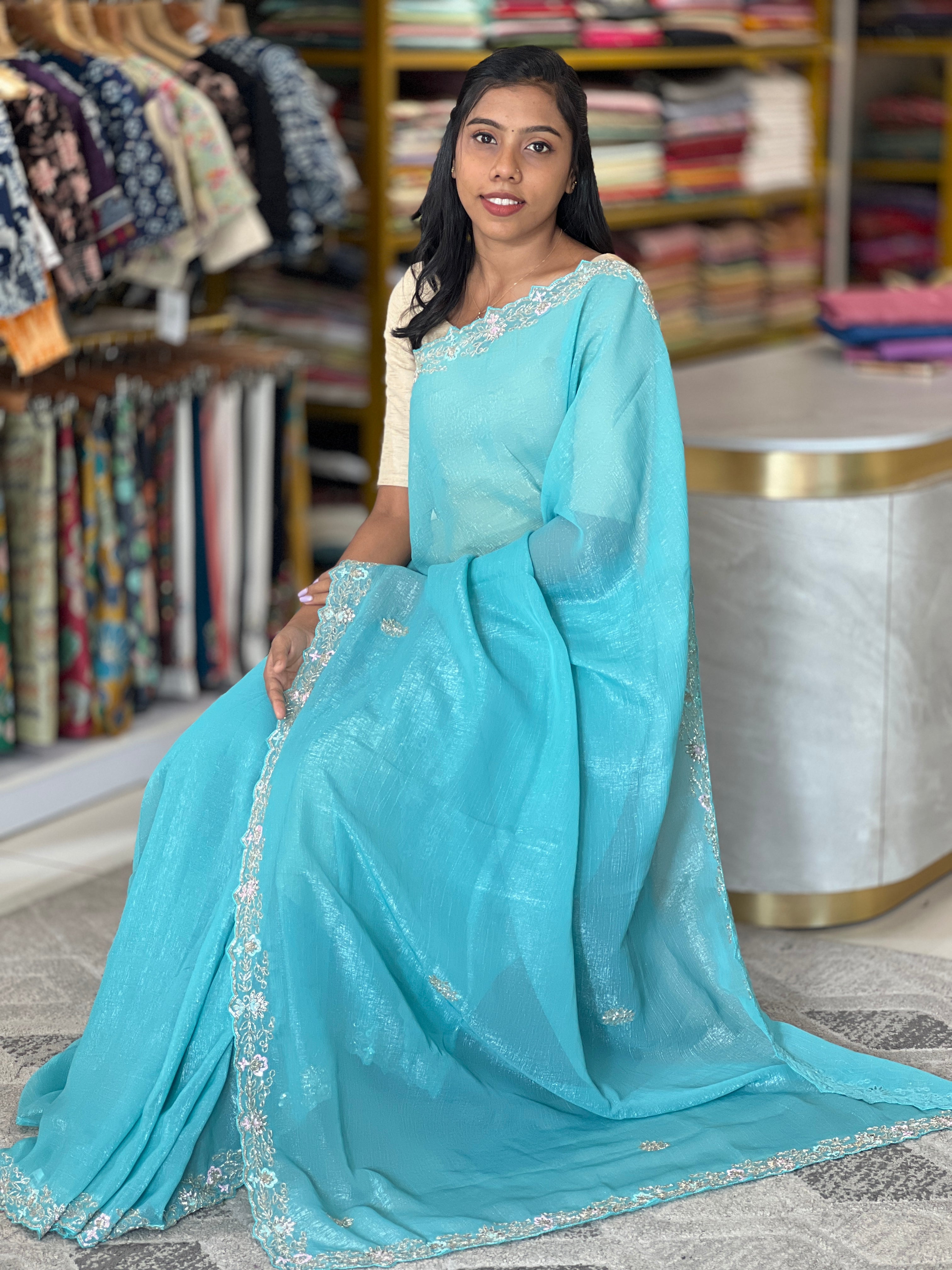 Embroidered Crushed Shimmer Organza Saree  | SBP678