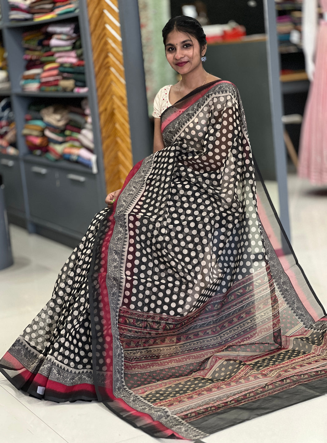 Polka Dot Pattern Supernet Kota Saree | SUM135