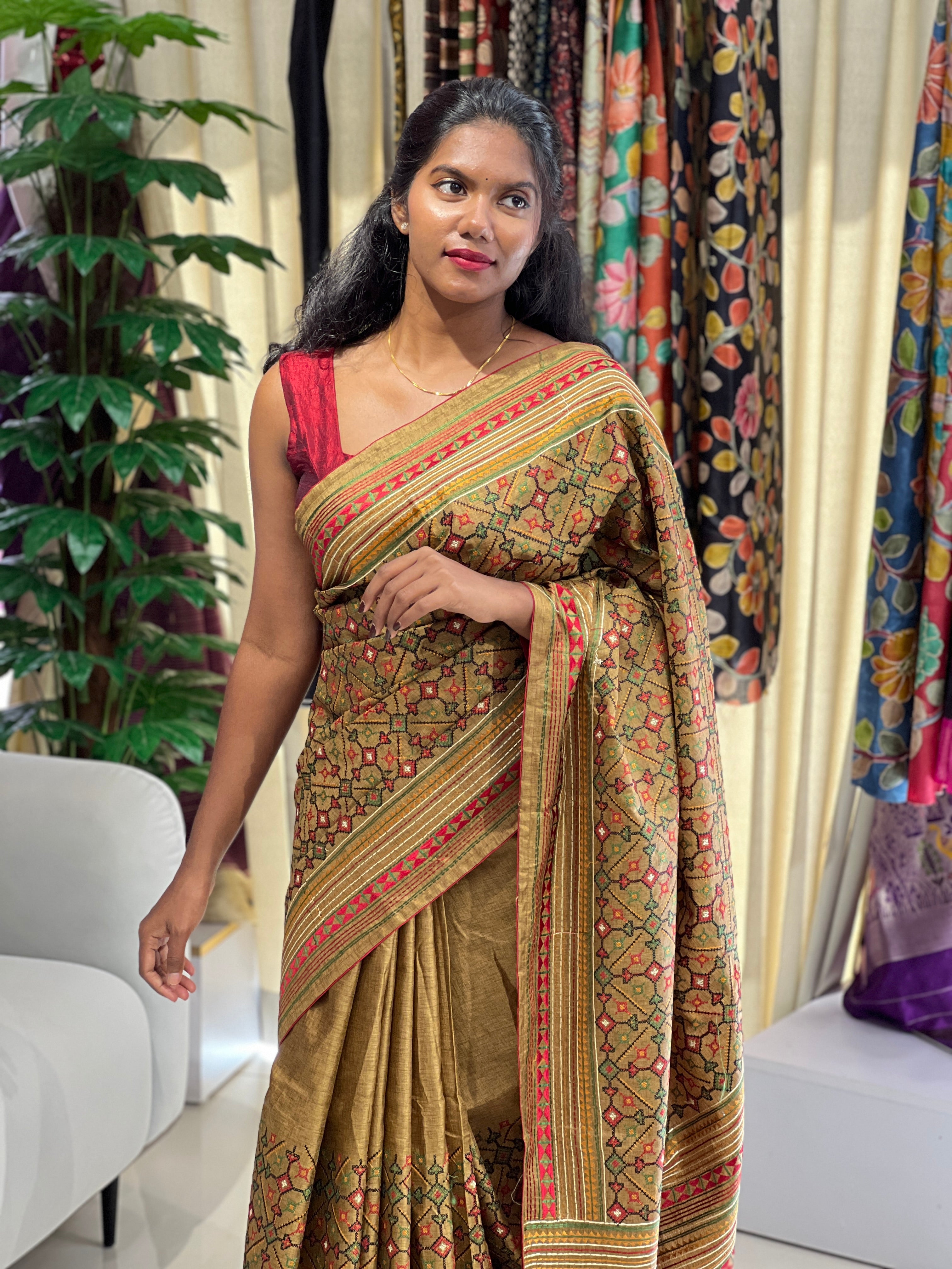 Multi-Colour Thread Embroidery Detailed Tussar Finish Saree | SUN497