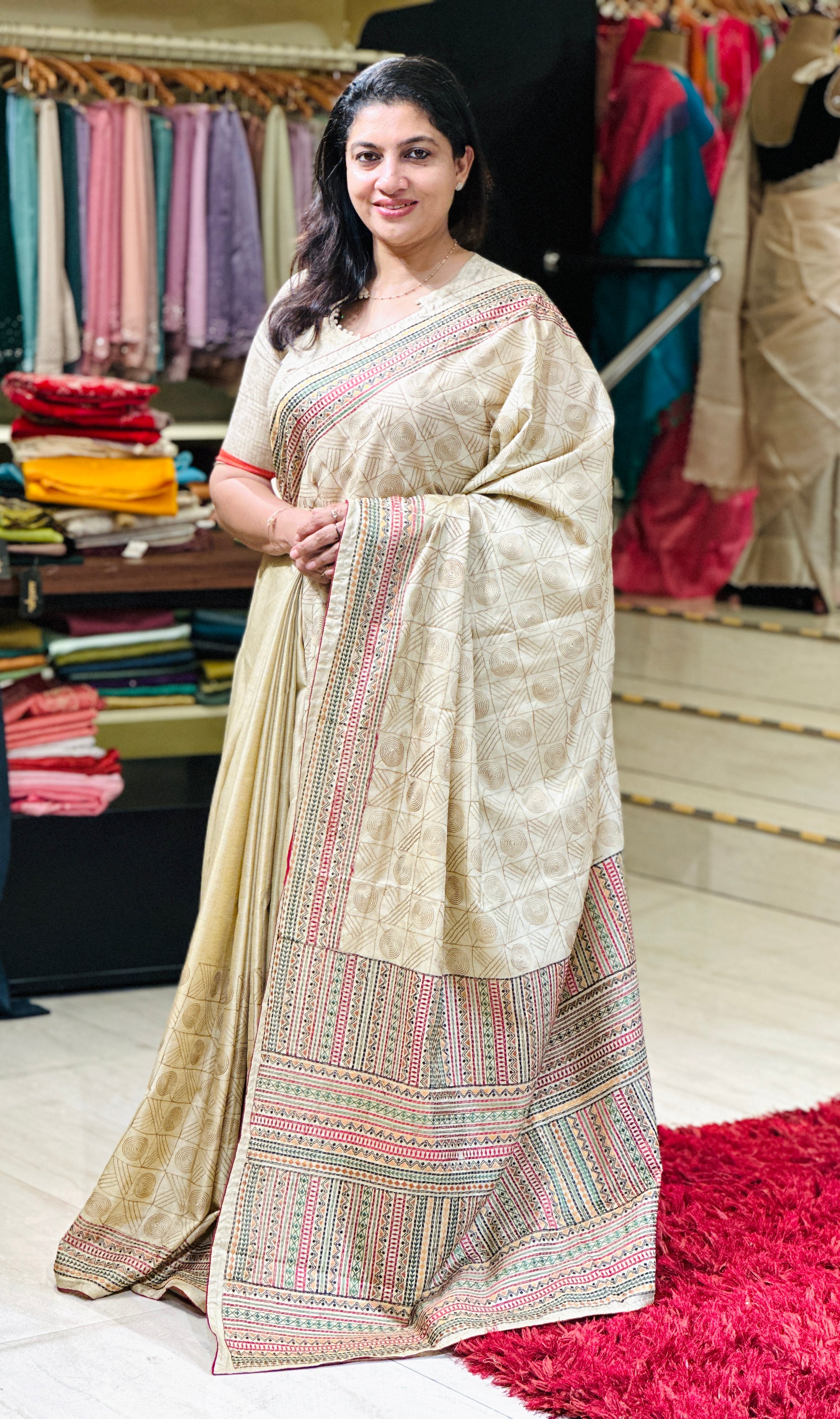 Thread Embroidery Geometric Patterned Tussar Finish Saree | SUN592
