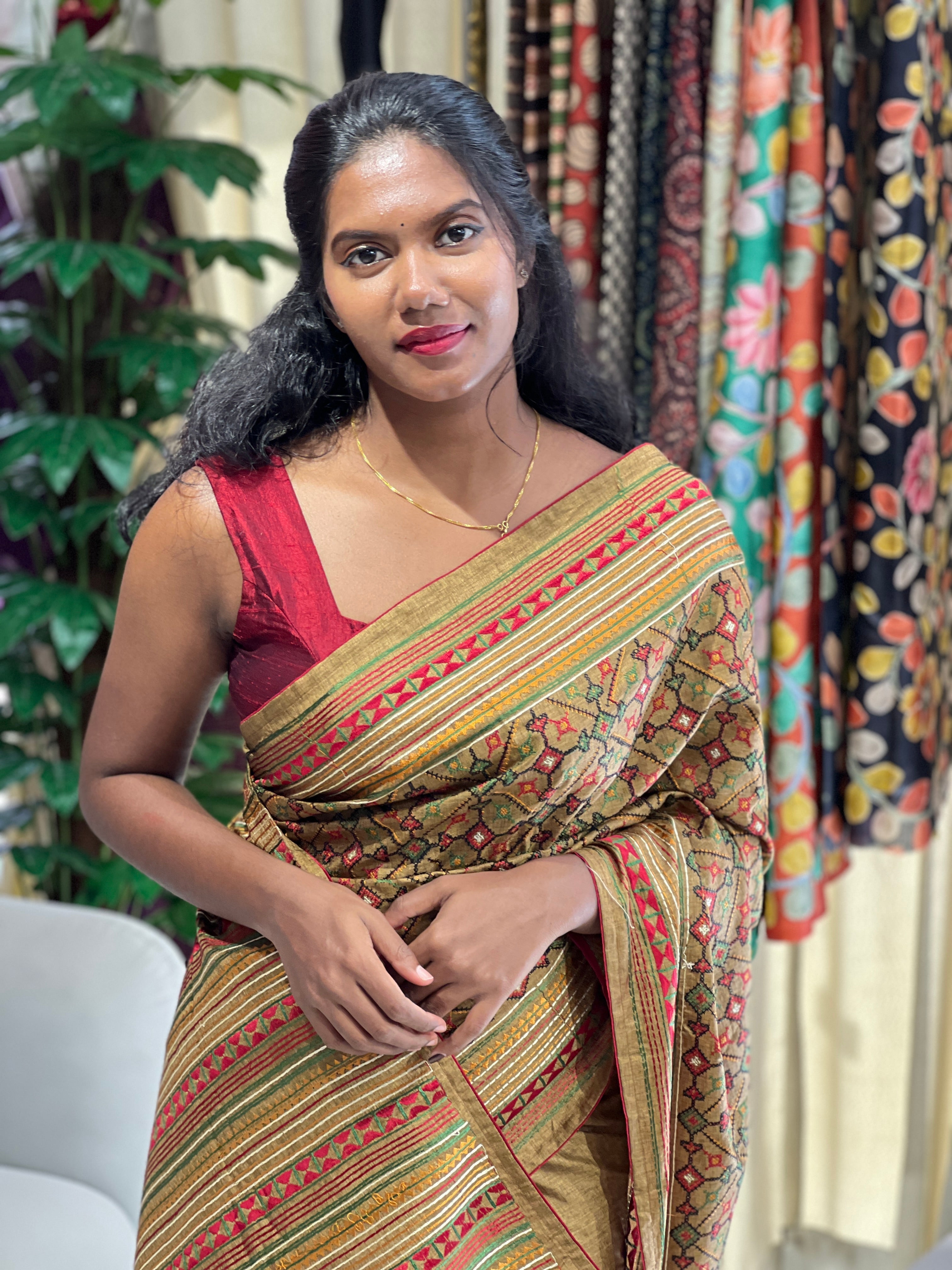 Multi-Colour Thread Embroidery Detailed Tussar Finish Saree | SUN497