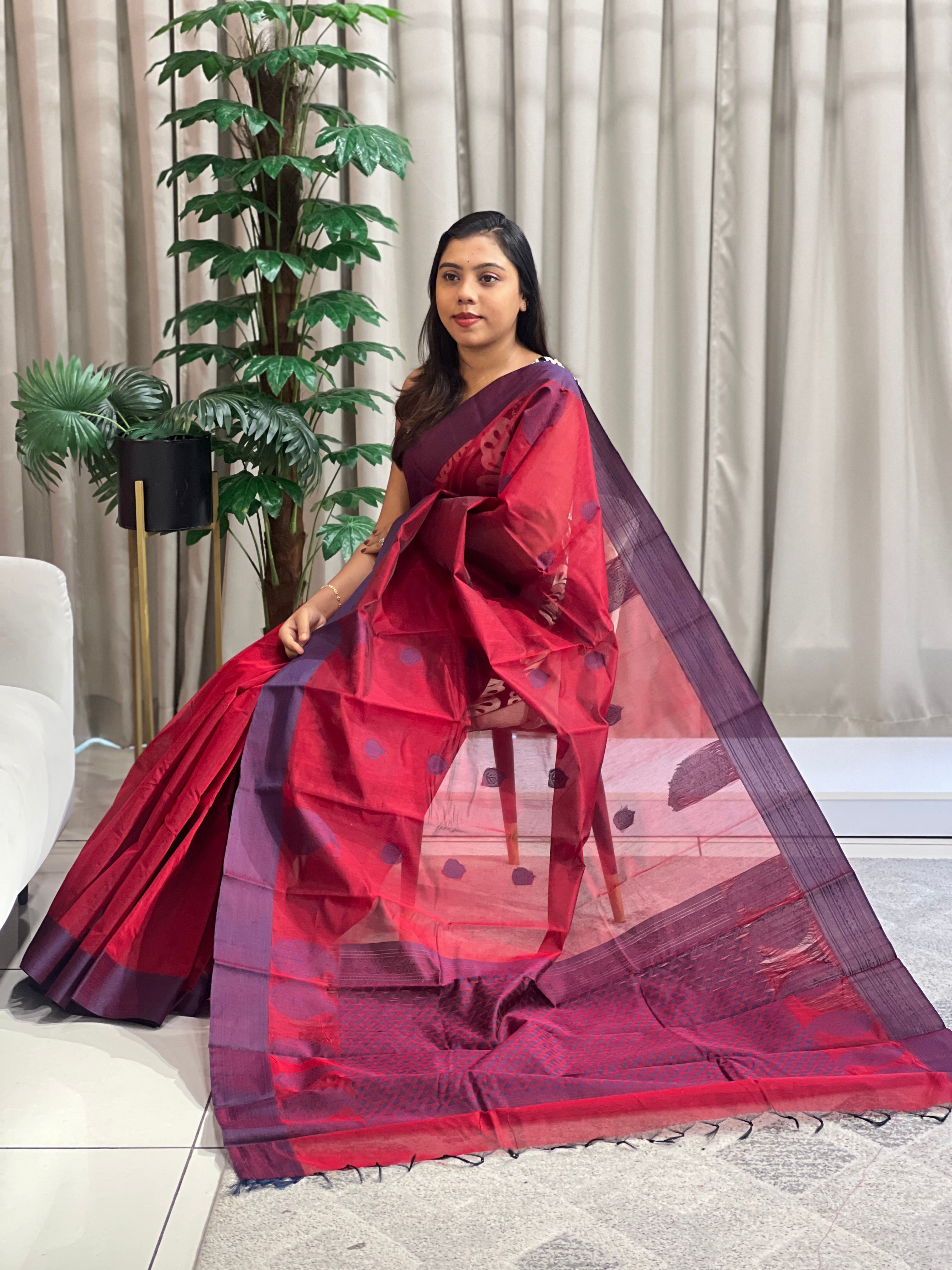 Contrast Color Border Cotton Saree | PST113