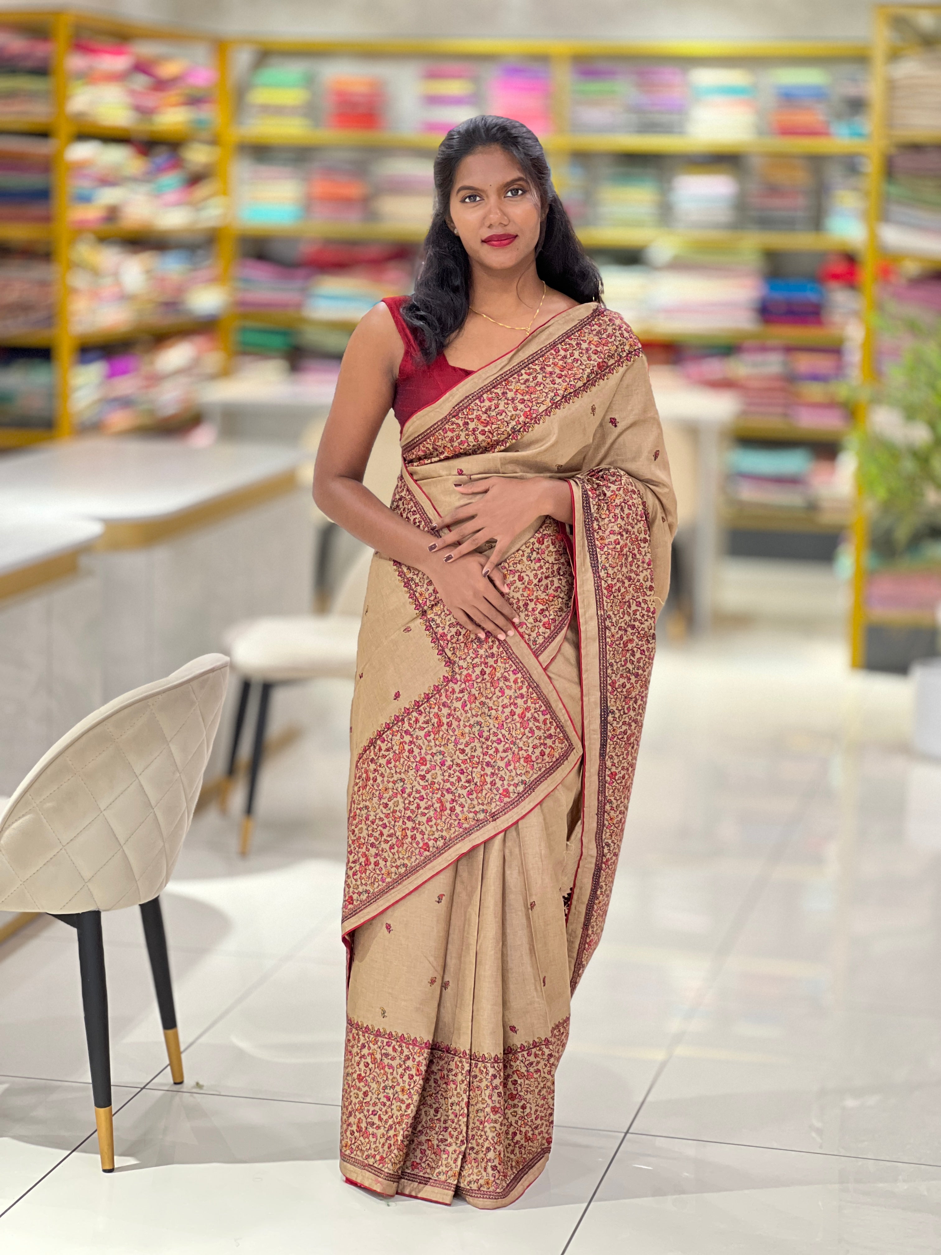 Machine Embroidery Detailed Semi Tussar Saree | SUN467