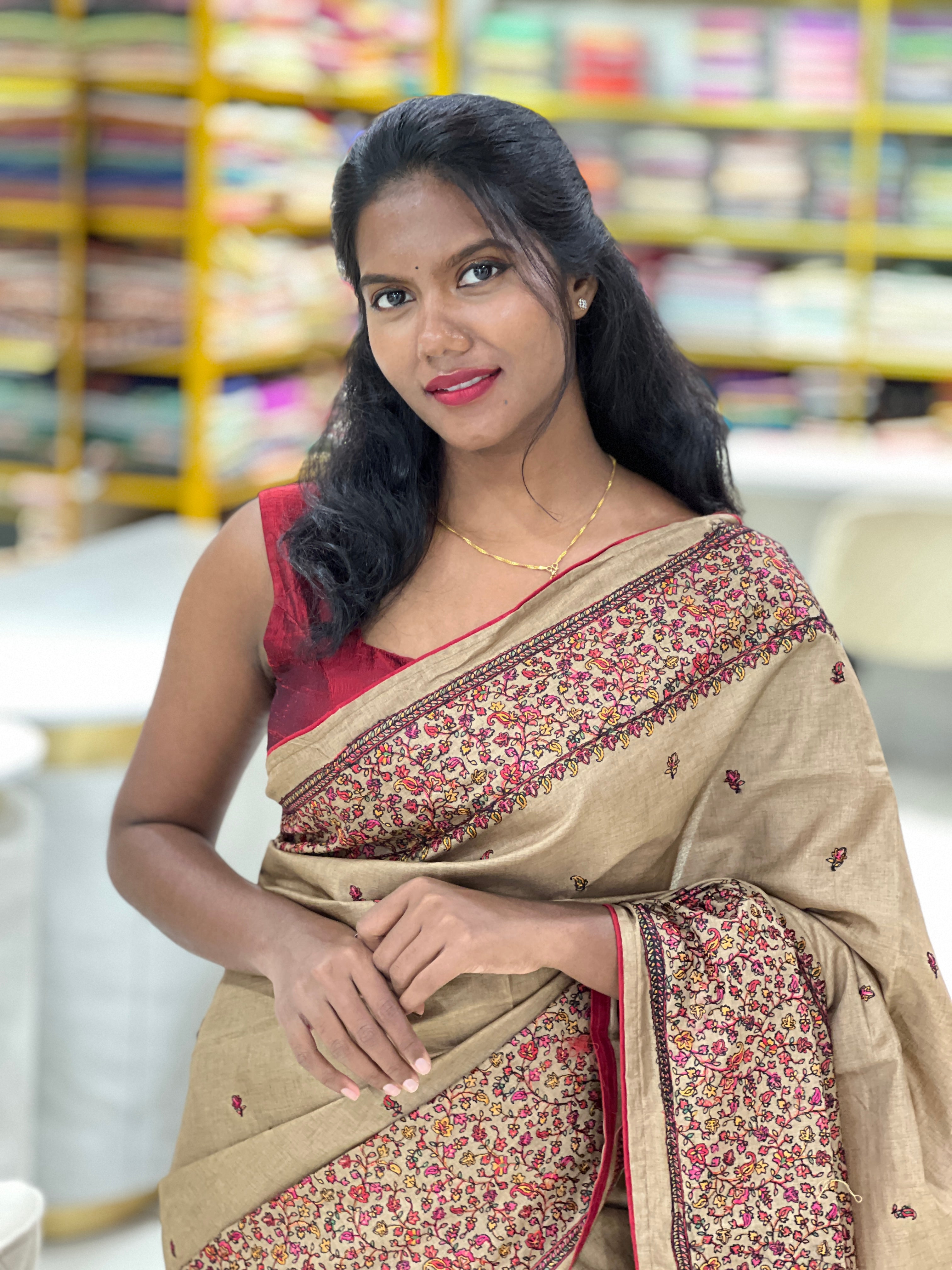 Machine Embroidery Detailed Semi Tussar Saree | SUN467