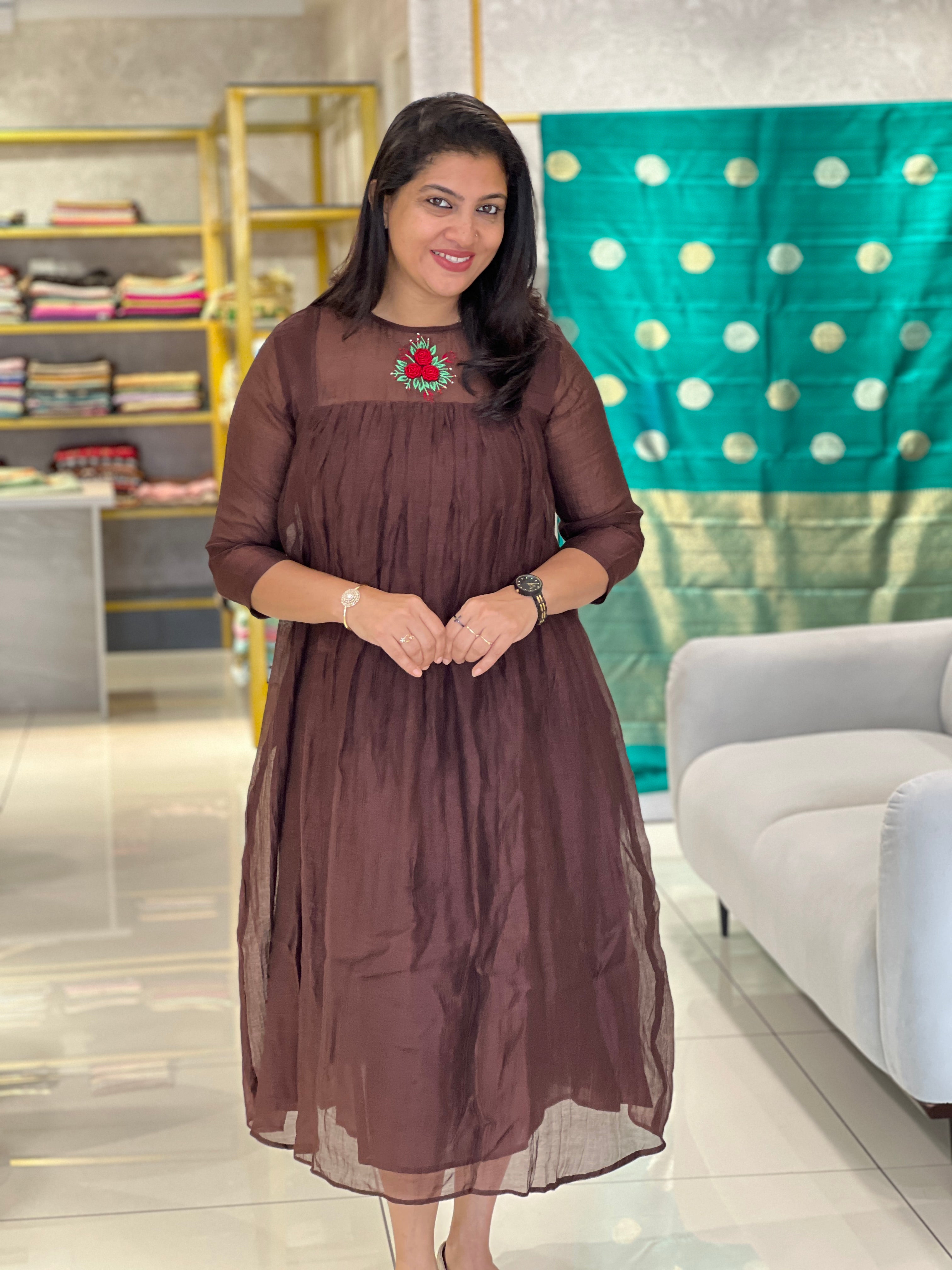Hand Embroidery Highlighted A-Line Chanderi Silk Kurta | DN774