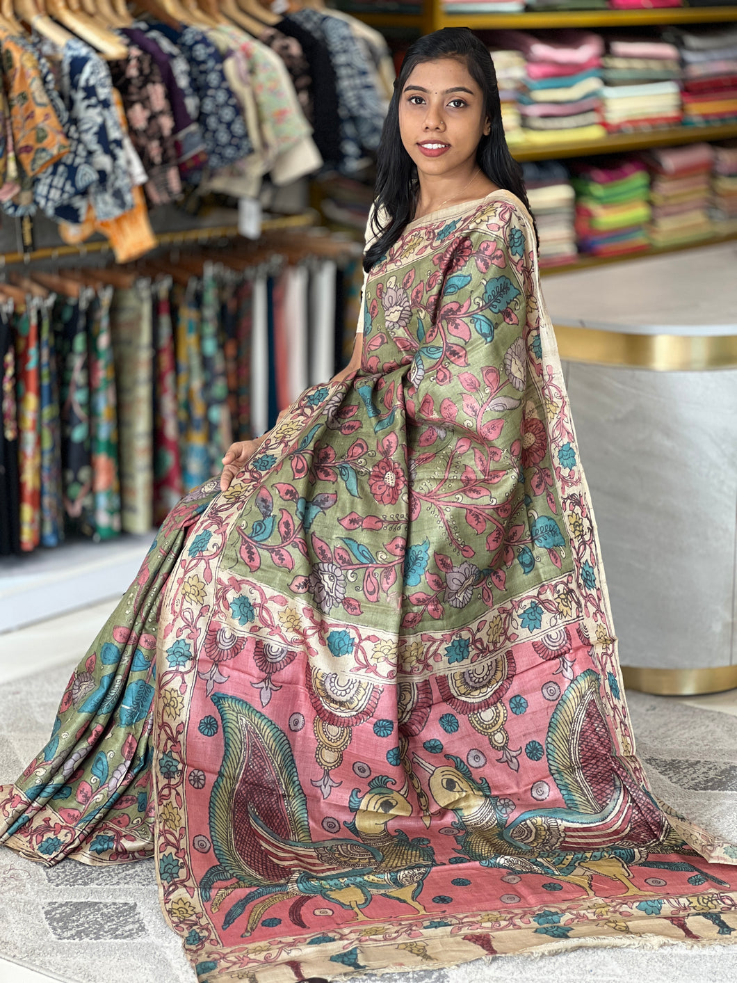 Pen Kalamkari Detailed Pure Tussar Saree | SBS1262