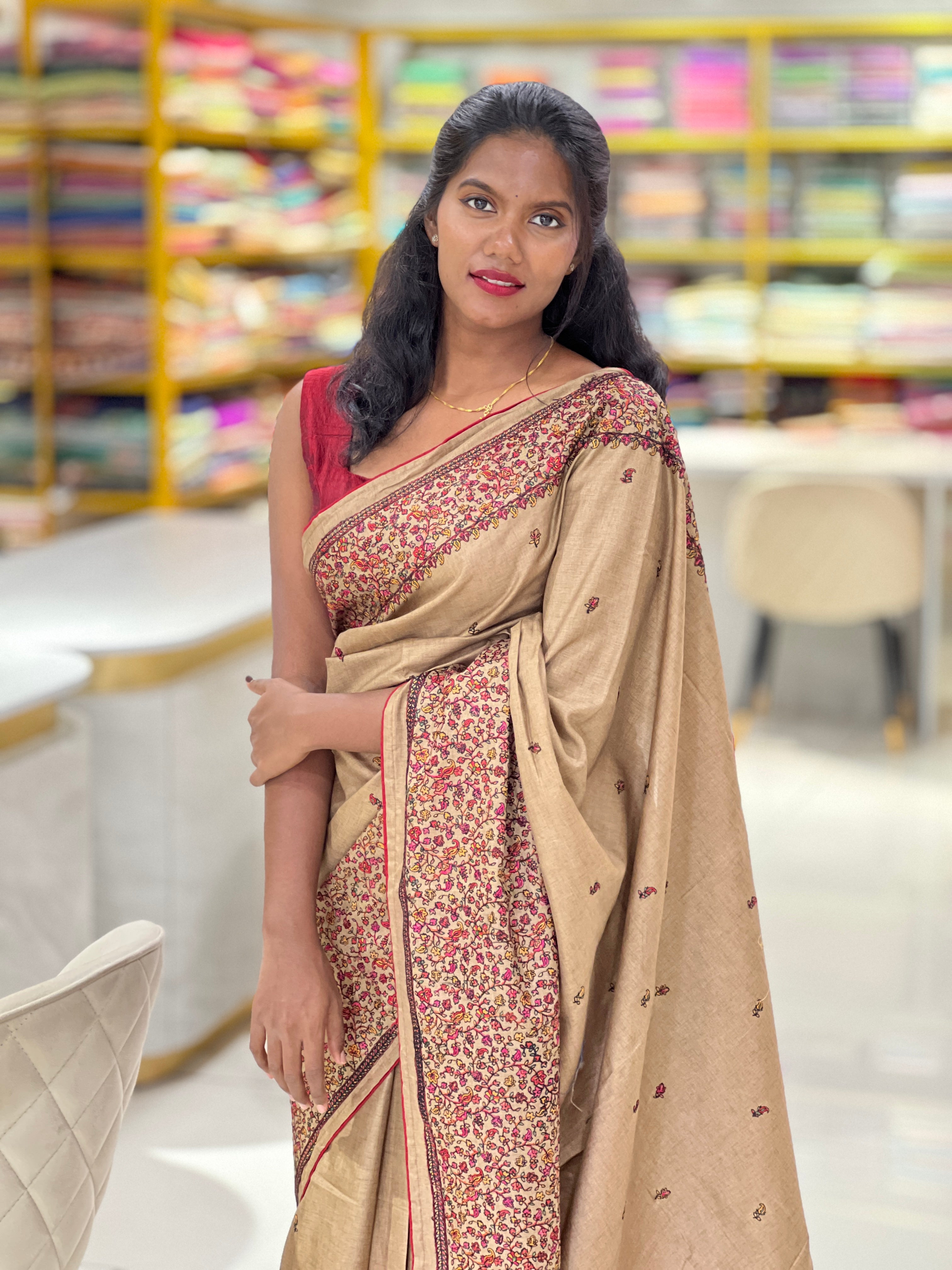 Machine Embroidery Detailed Semi Tussar Saree | SUN467