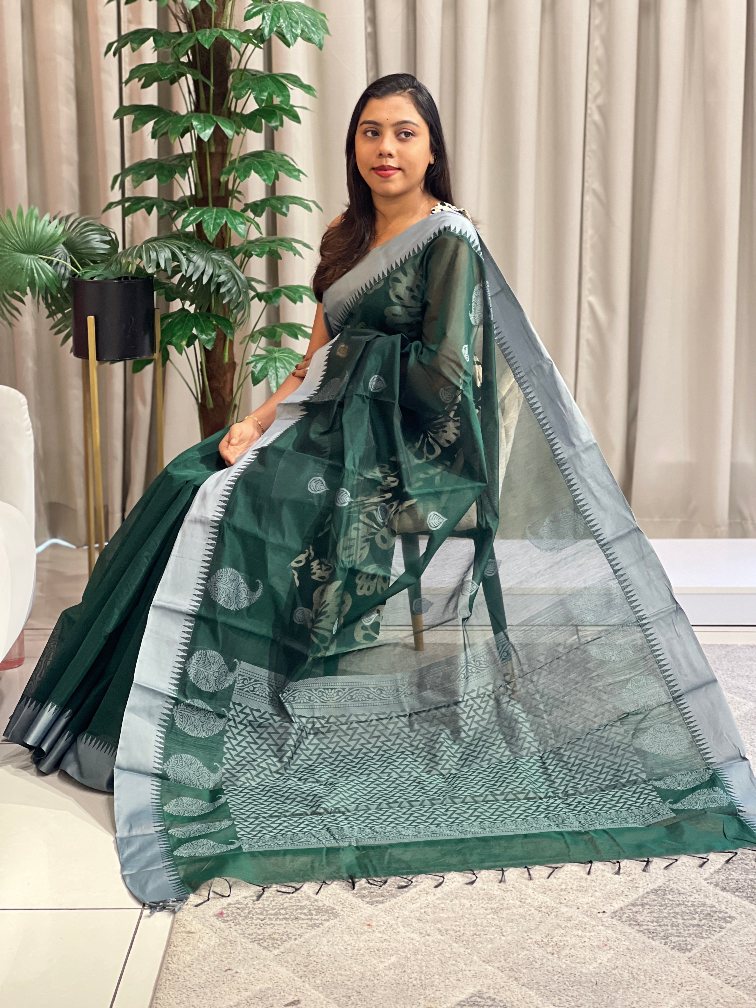 Contrast Color Border Cotton Saree | PST119