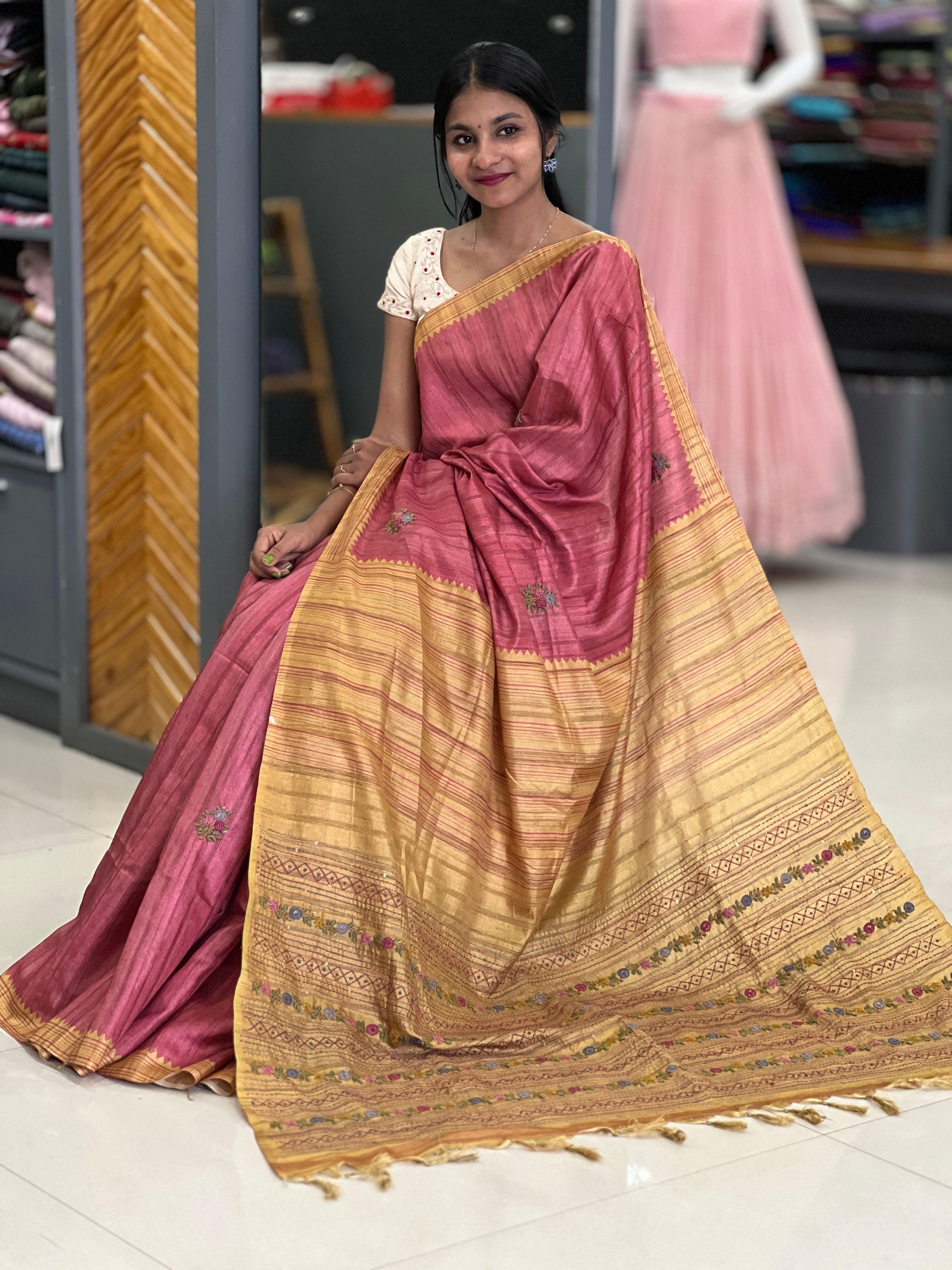 Hand Embroidery Tussar Finish Saree | KSD105