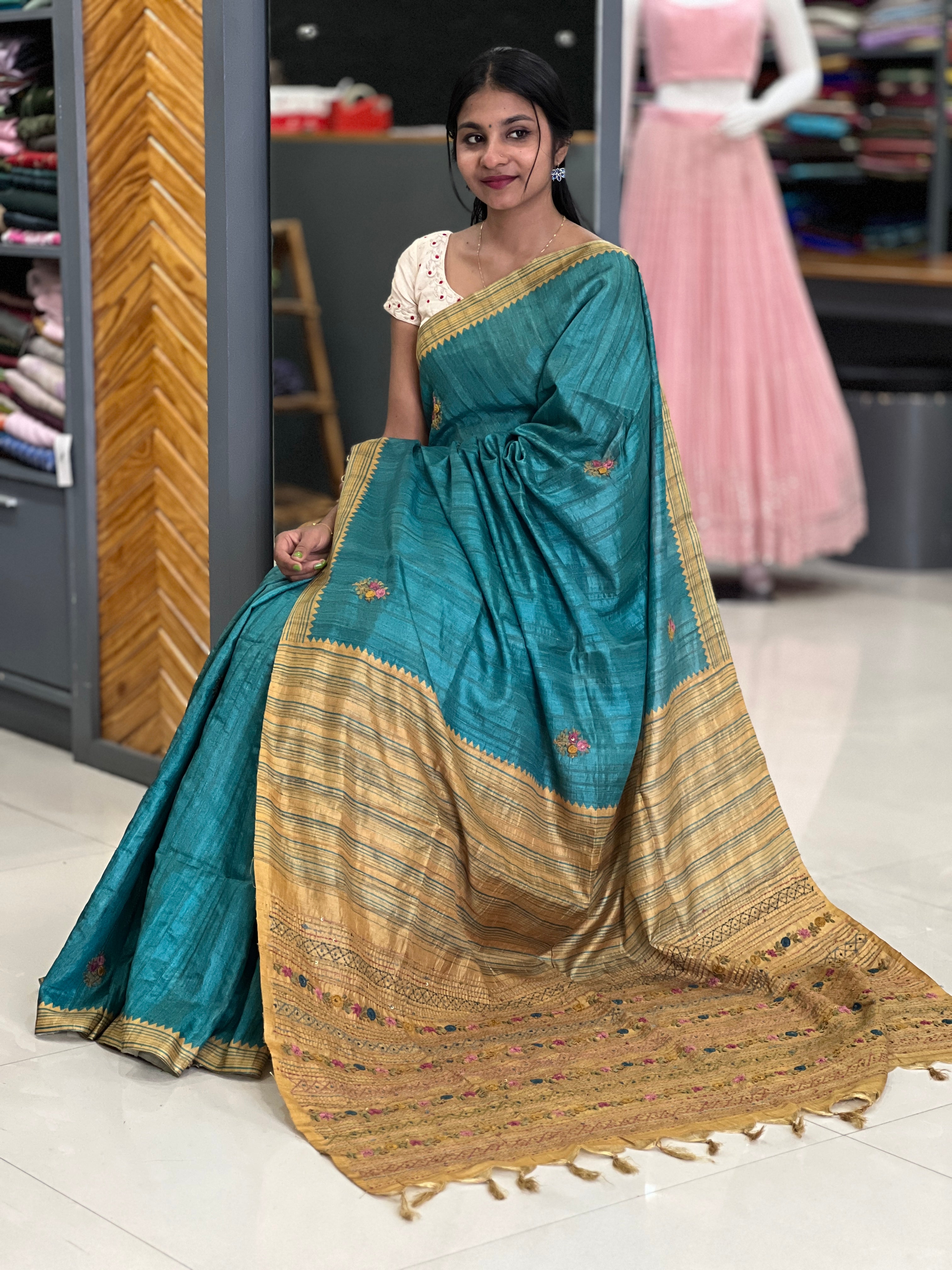 Hand Embroidery Tussar Finish Saree | KSD105