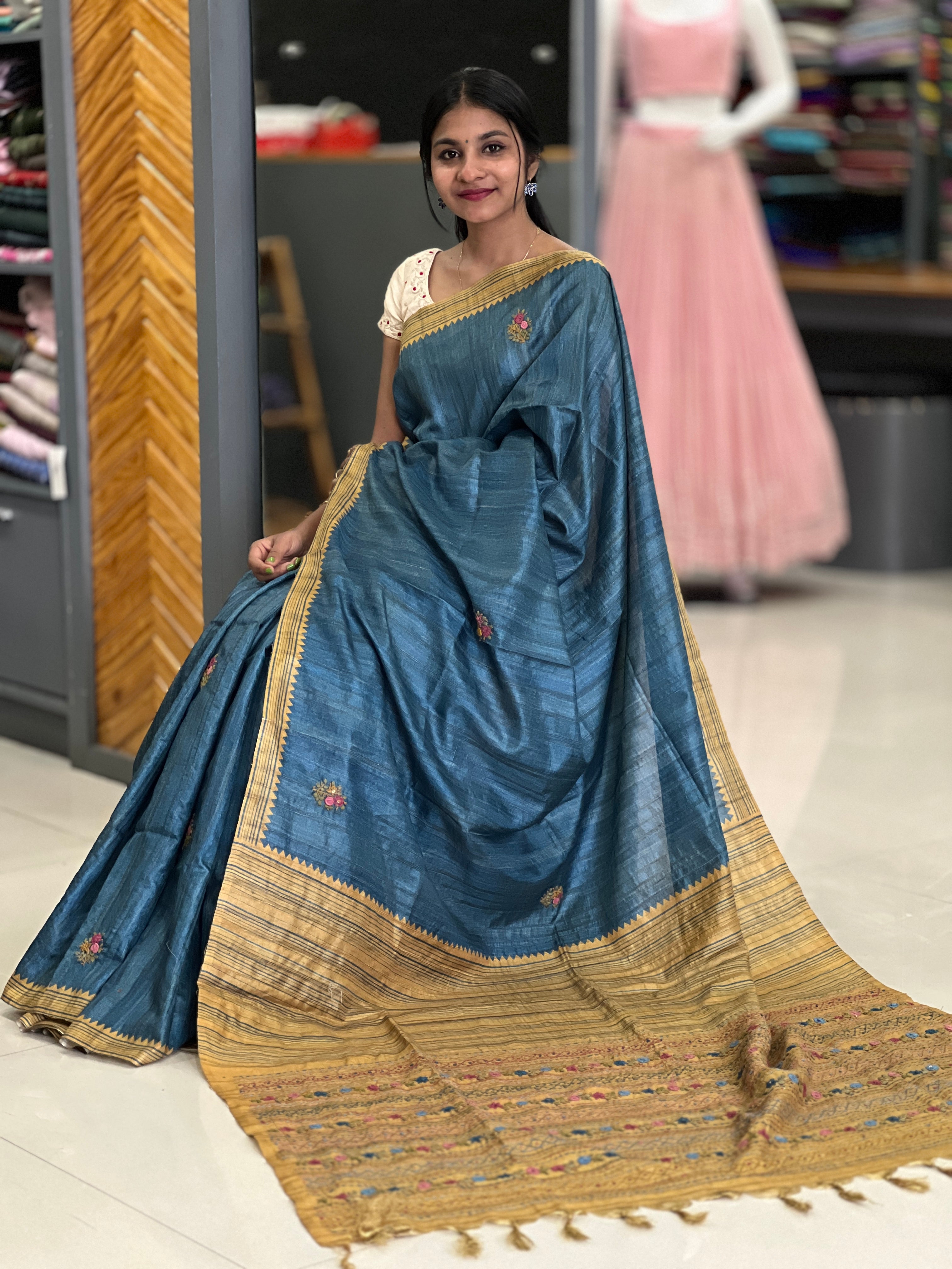 Hand Embroidery Tussar Finish Saree | KSD105