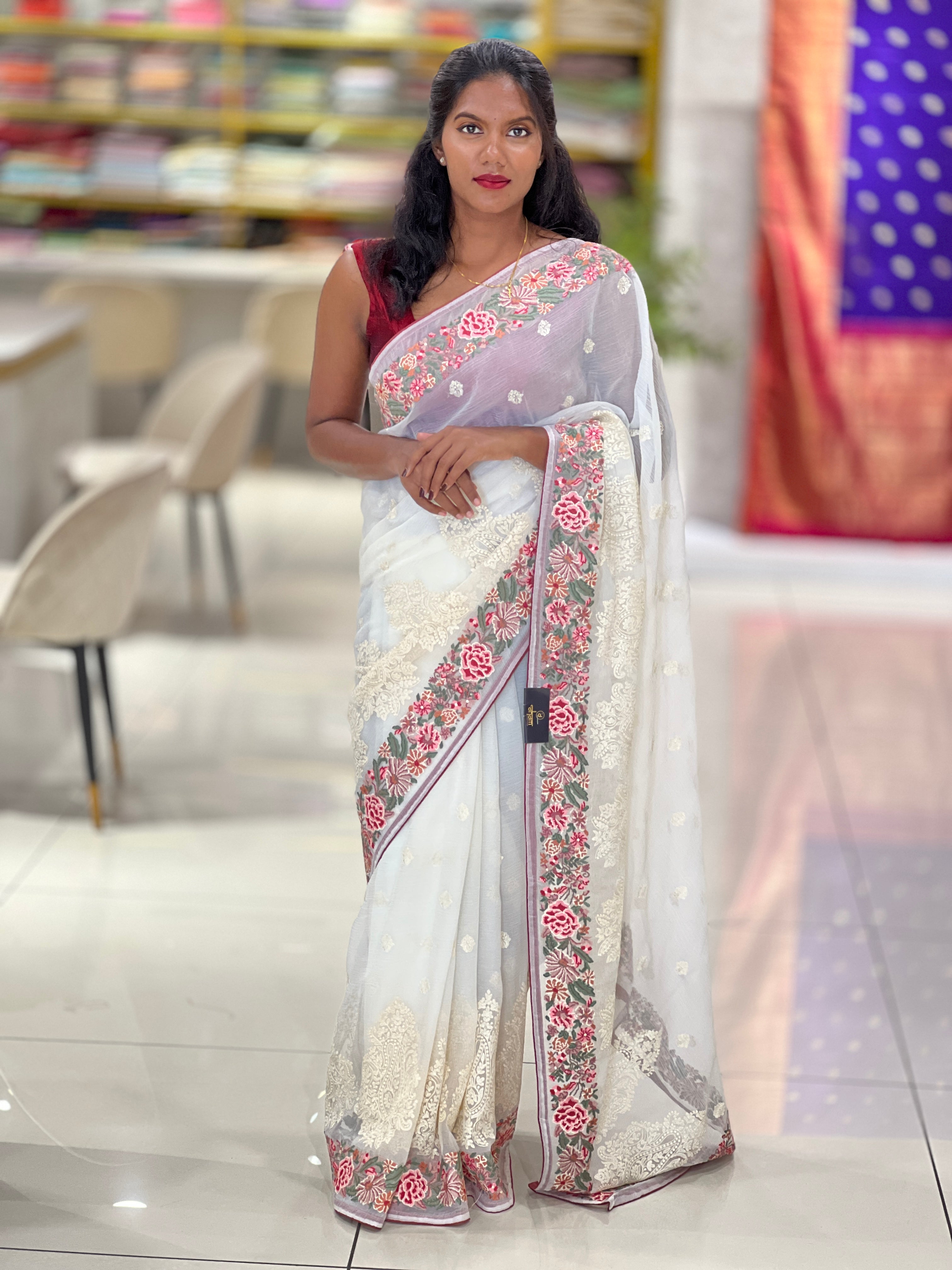 Floral Cross Stitch Embroidery Detailed Crushed Shimmer Organza Saree | SUN581