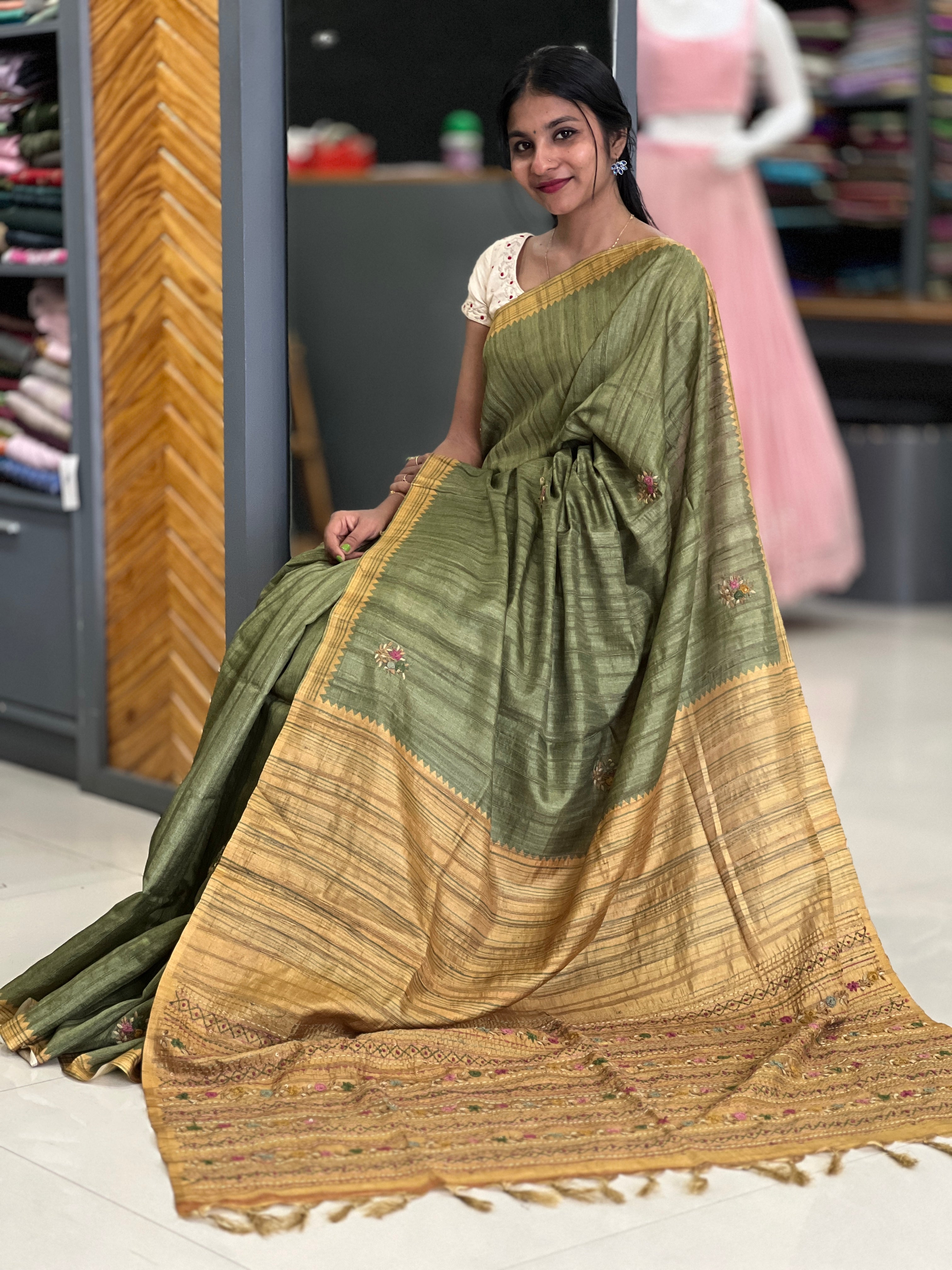 Hand Embroidery Tussar Finish Saree | KSD105