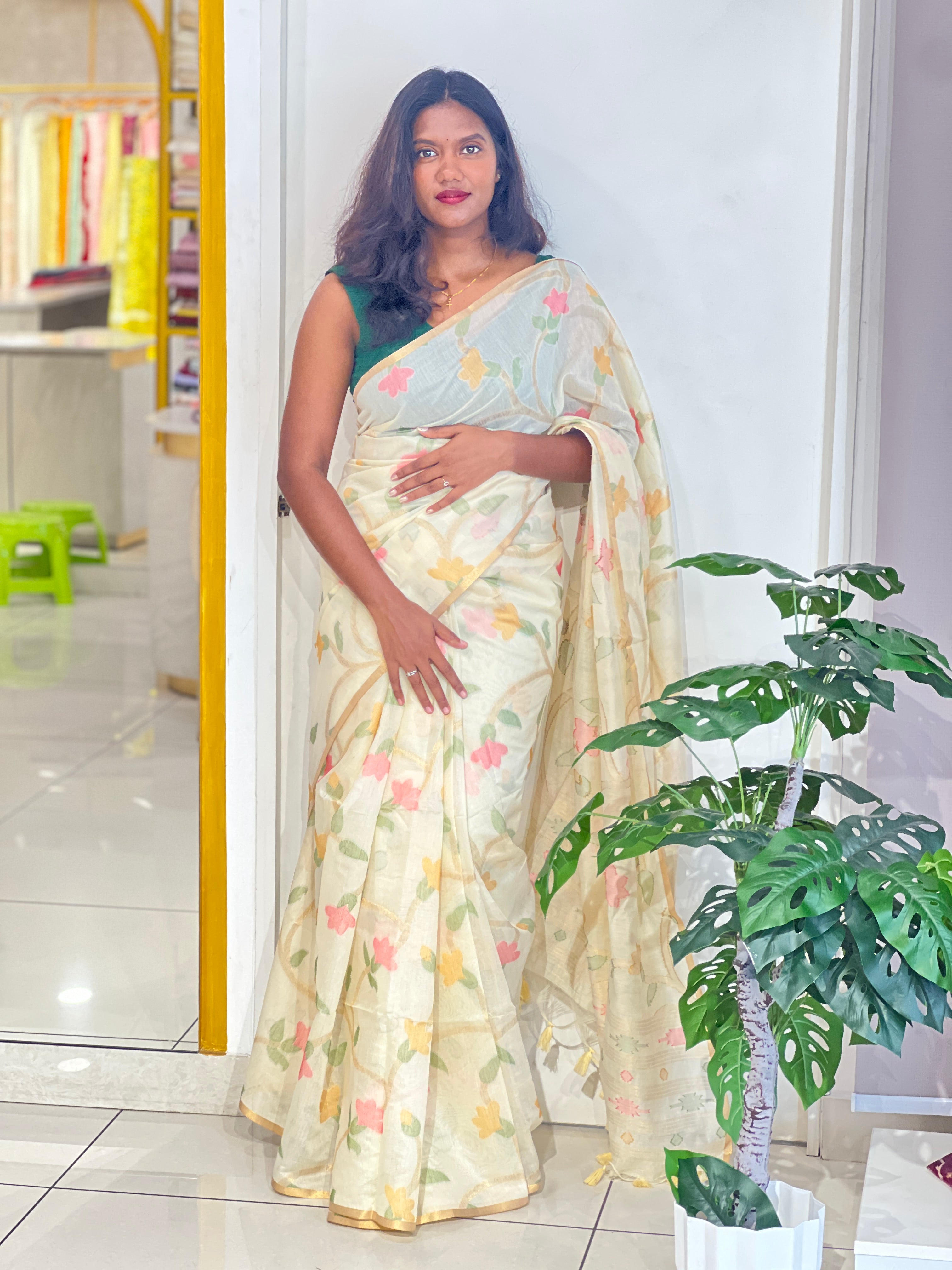 Floral Jaal Pattern Powerloom Chanderi Saree | SSN555