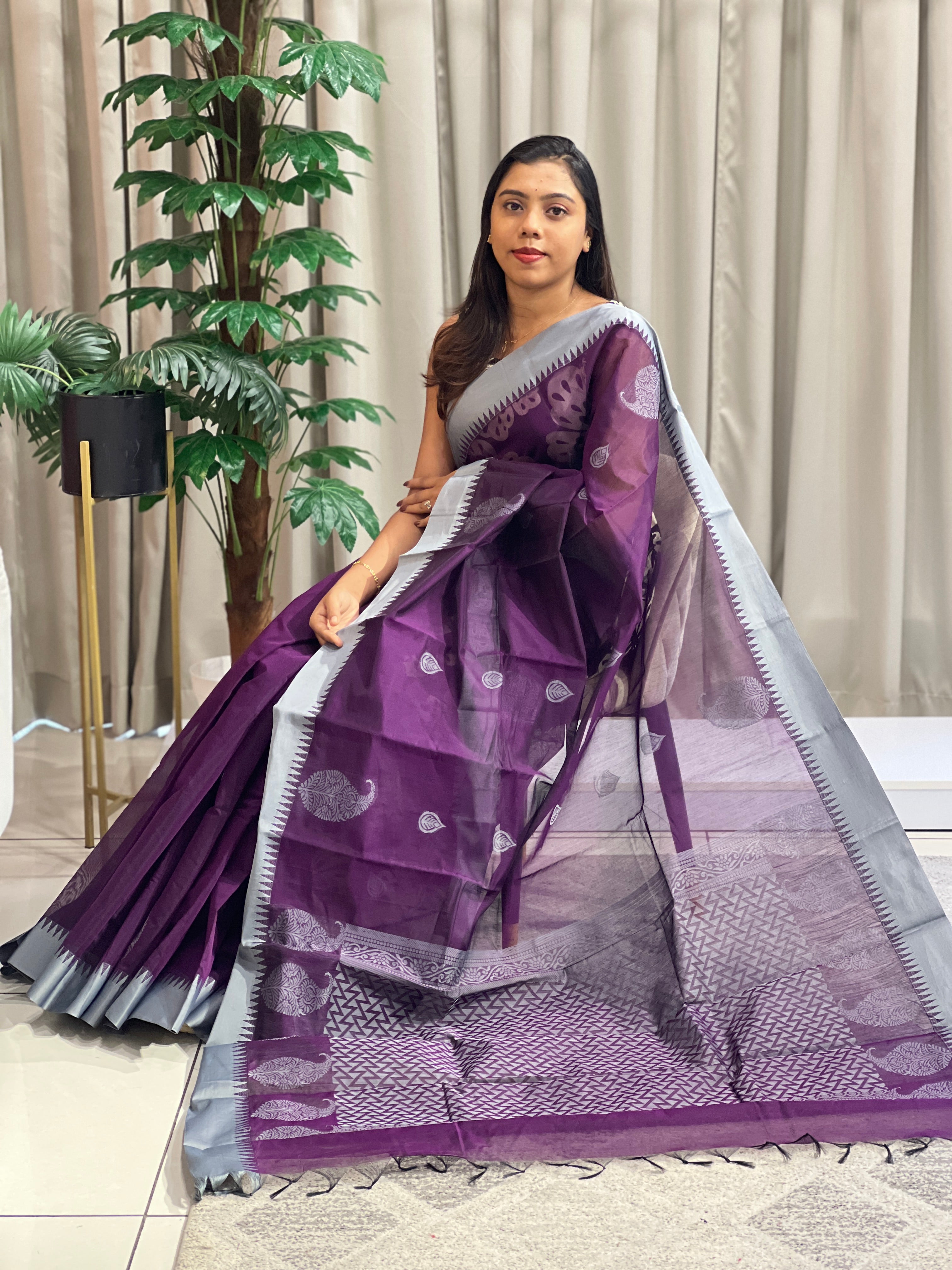 Contrast Color Border Cotton Saree | PST114