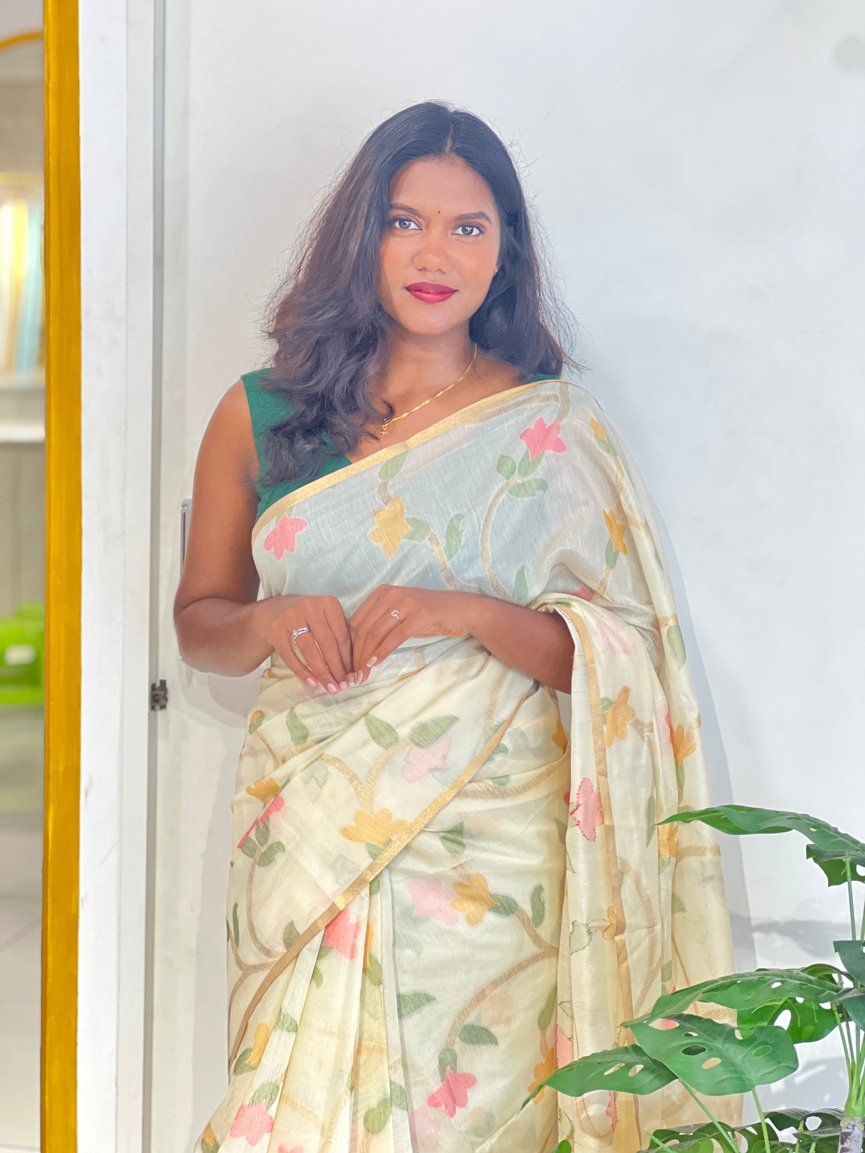 Floral Jaal Pattern Powerloom Chanderi Saree | SSN555