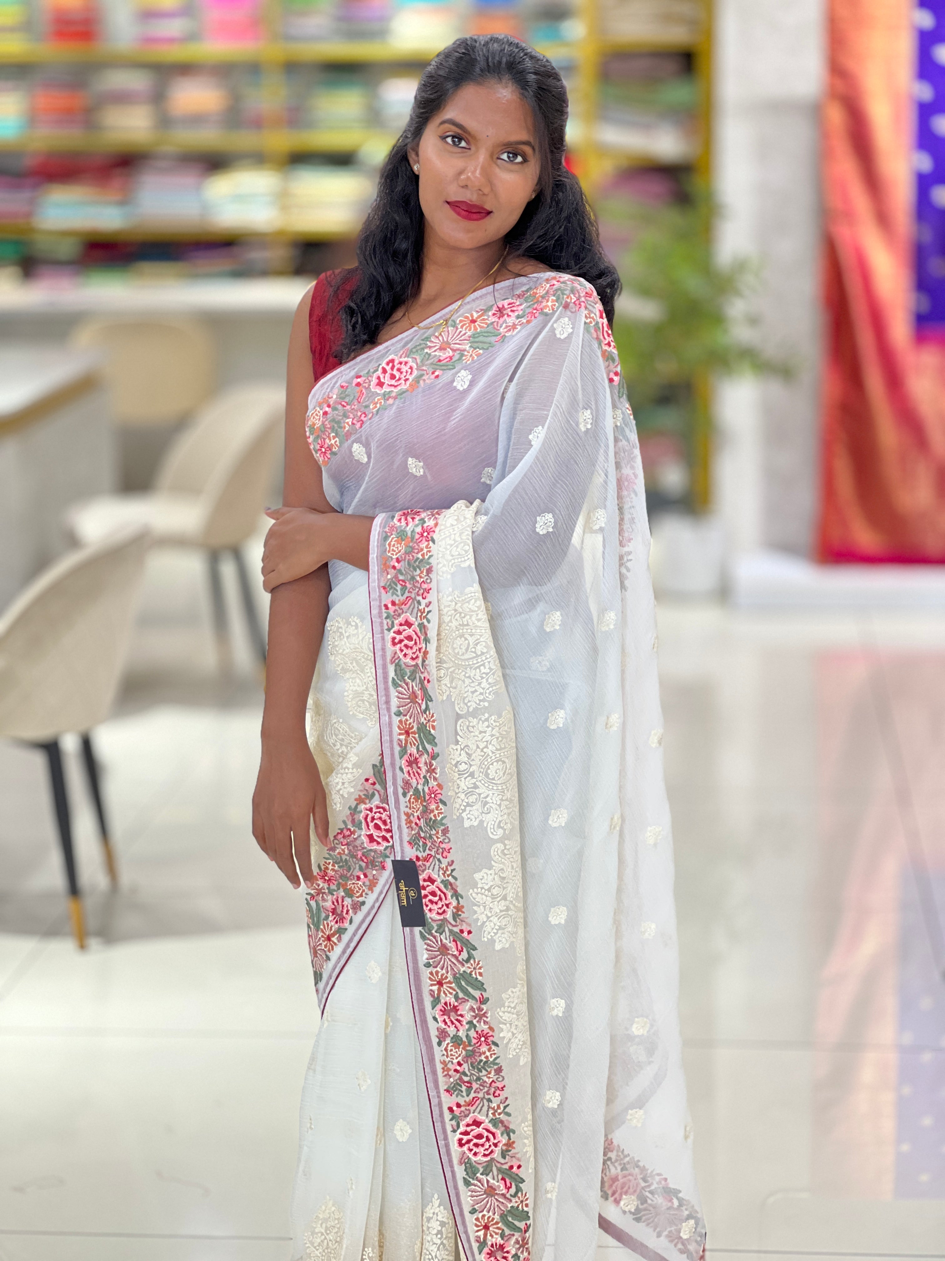 Floral Cross Stitch Embroidery Detailed Crushed Shimmer Organza Saree | SUN581