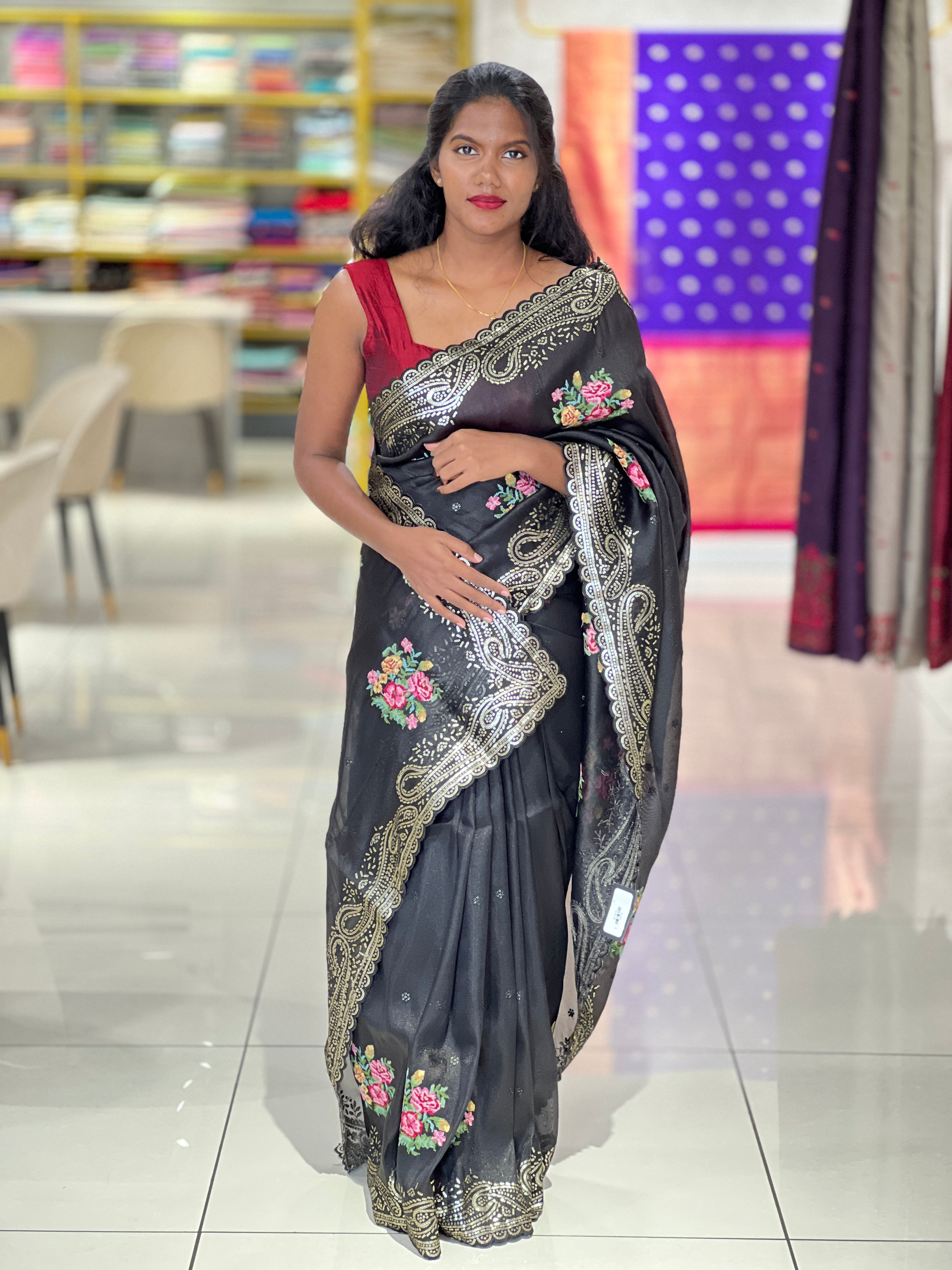 Cross Stitch Embroidery & Sequins Detailed Shimmer Organza Saree | SUN538