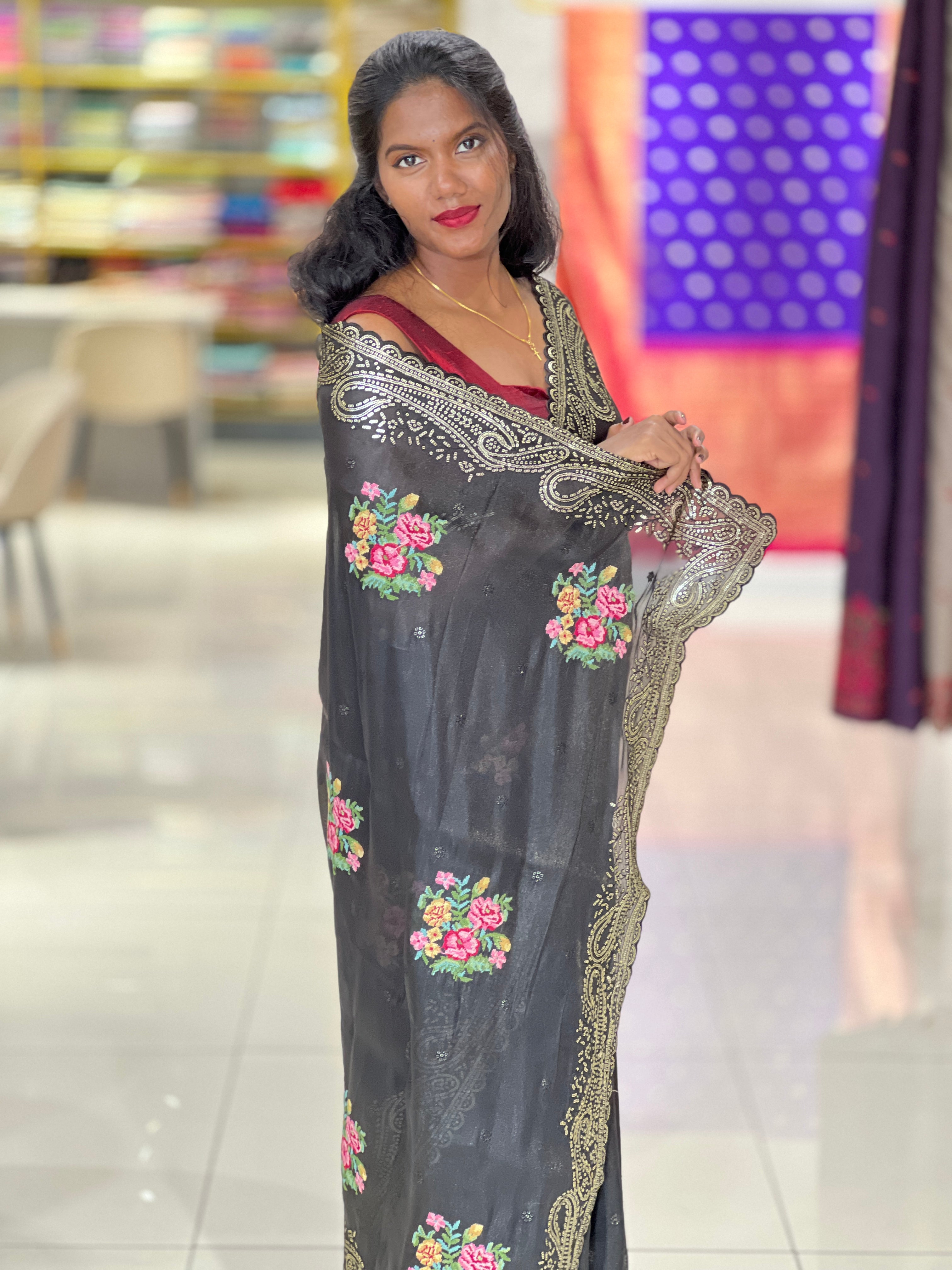 Cross Stitch Embroidery & Sequins Detailed Shimmer Organza Saree | SUN538