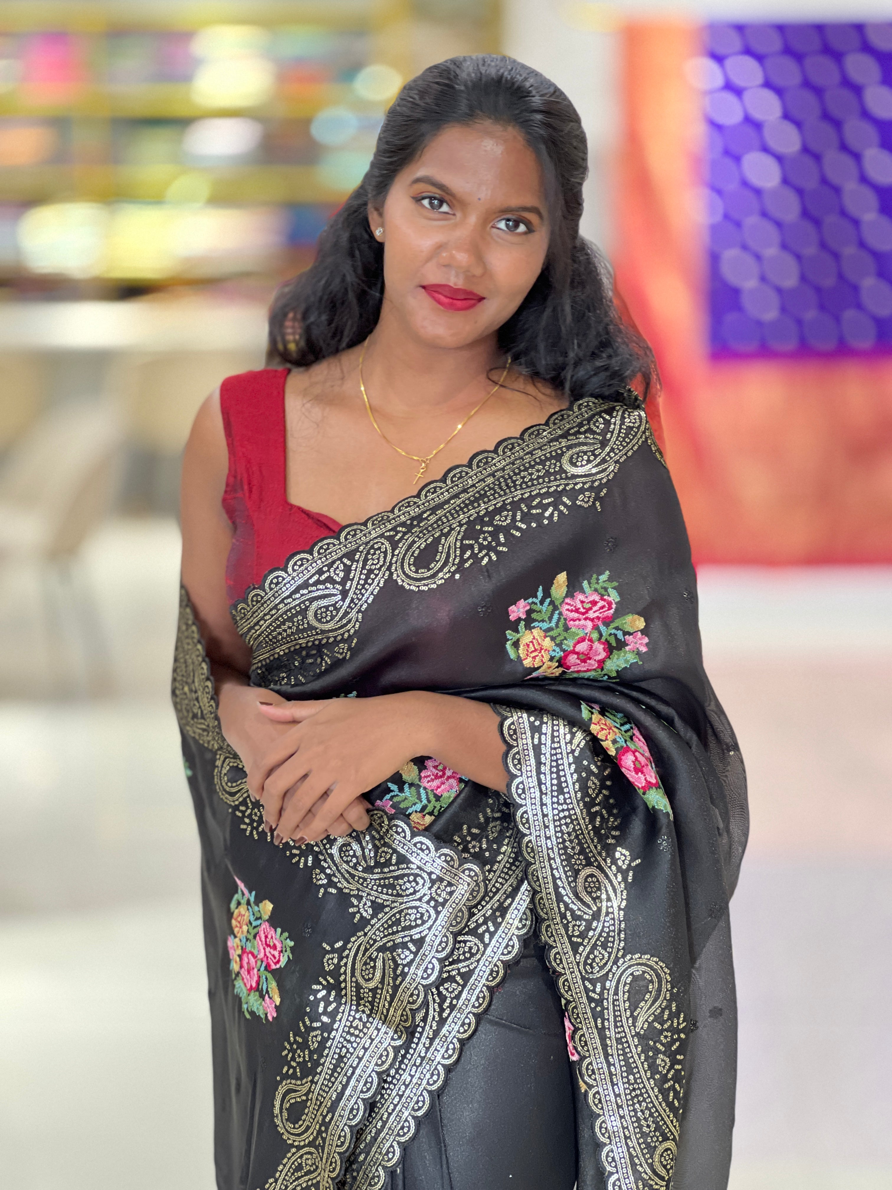 Cross Stitch Embroidery & Sequins Detailed Shimmer Organza Saree | SUN538