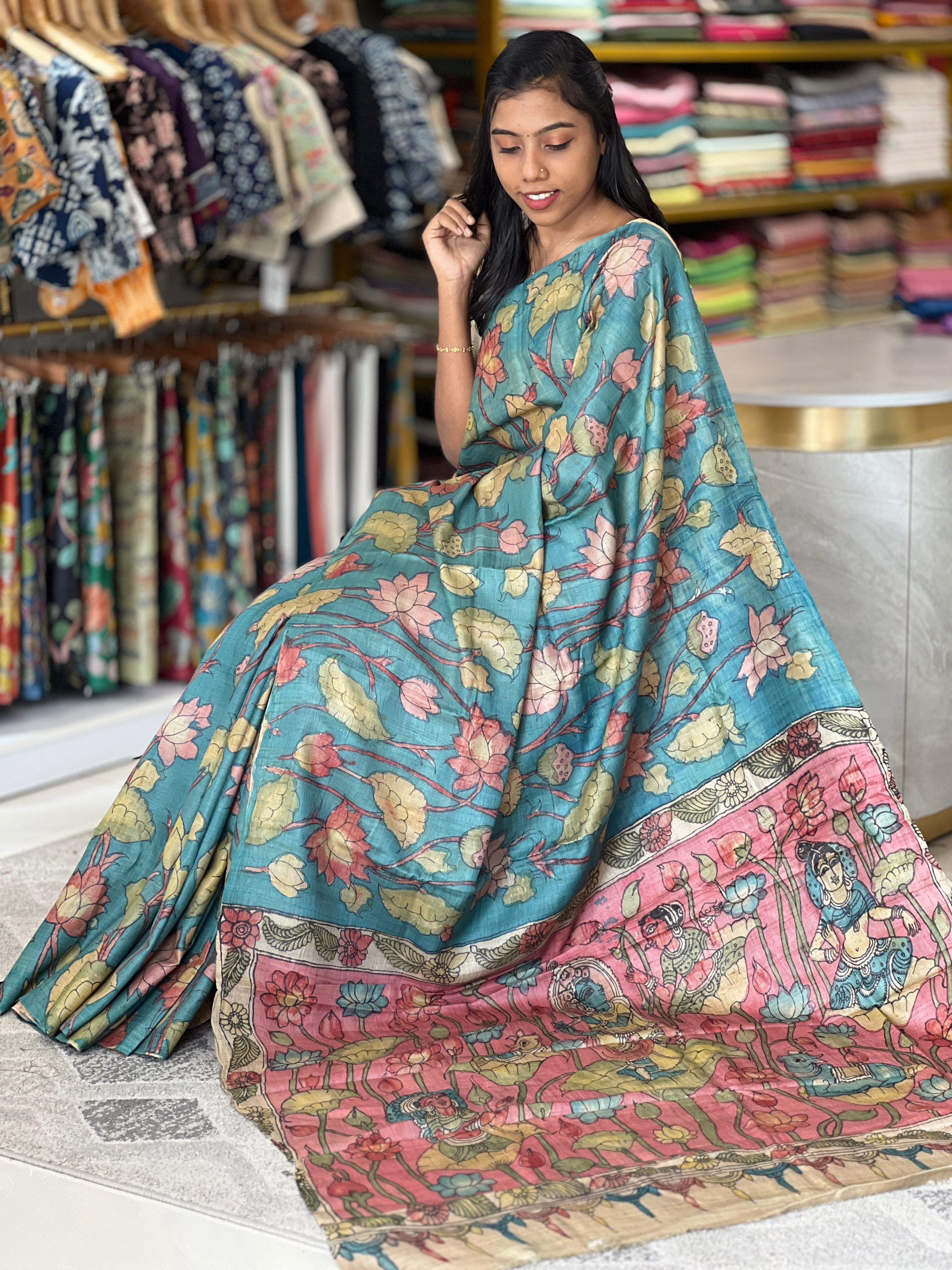 Pen Kalamkari Detailed Pure Tussar Saree | SBS1263