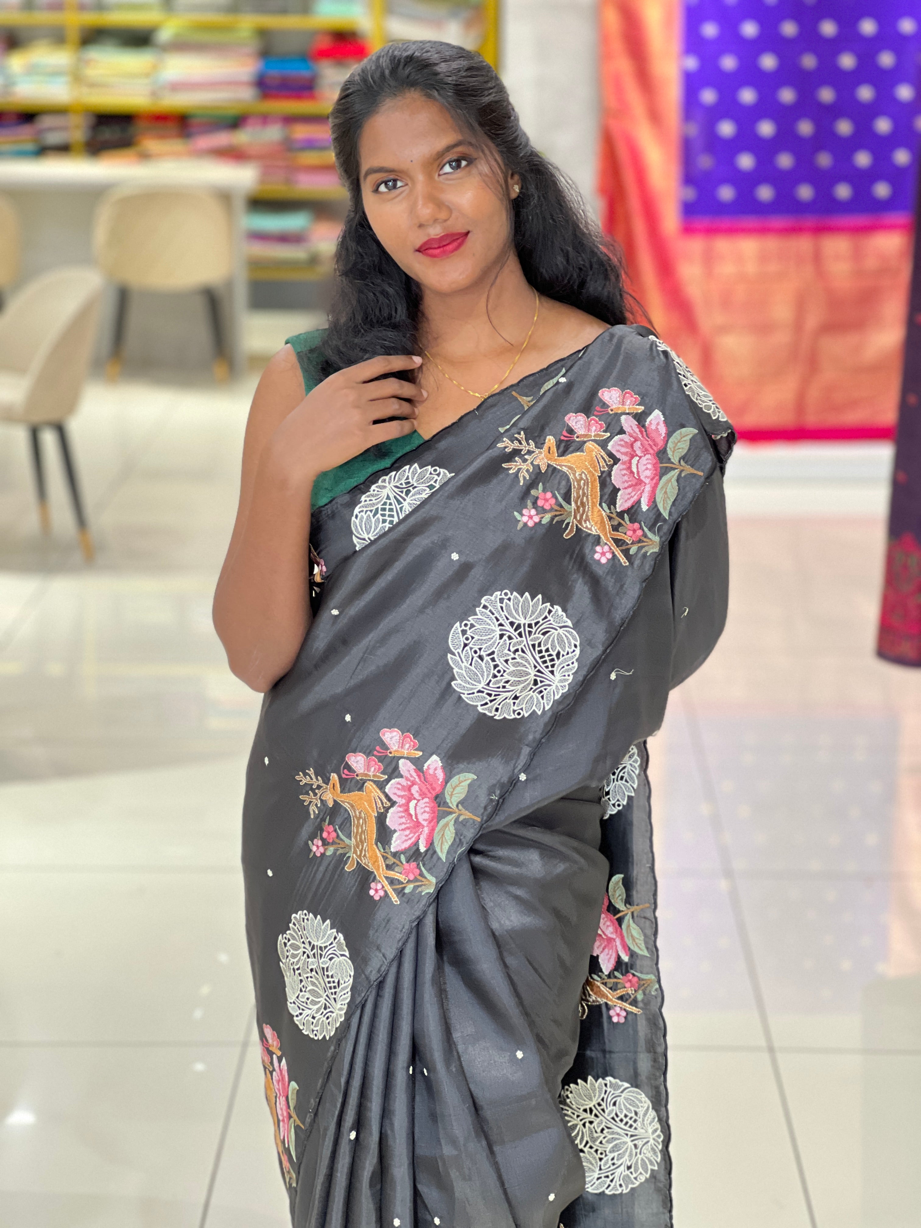 Floral Embroidery Detailed Tussar Saree | SUN578