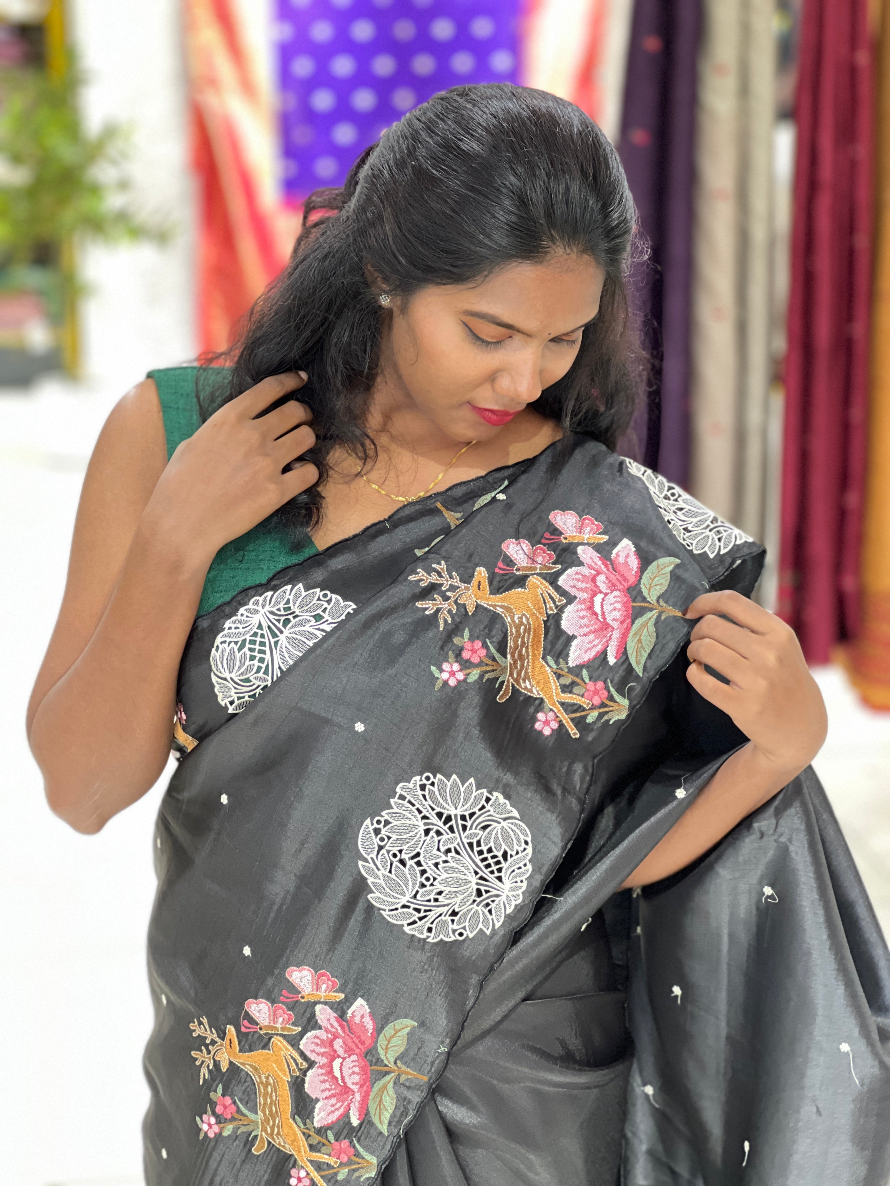 Floral Embroidery Detailed Tussar Saree | SUN578