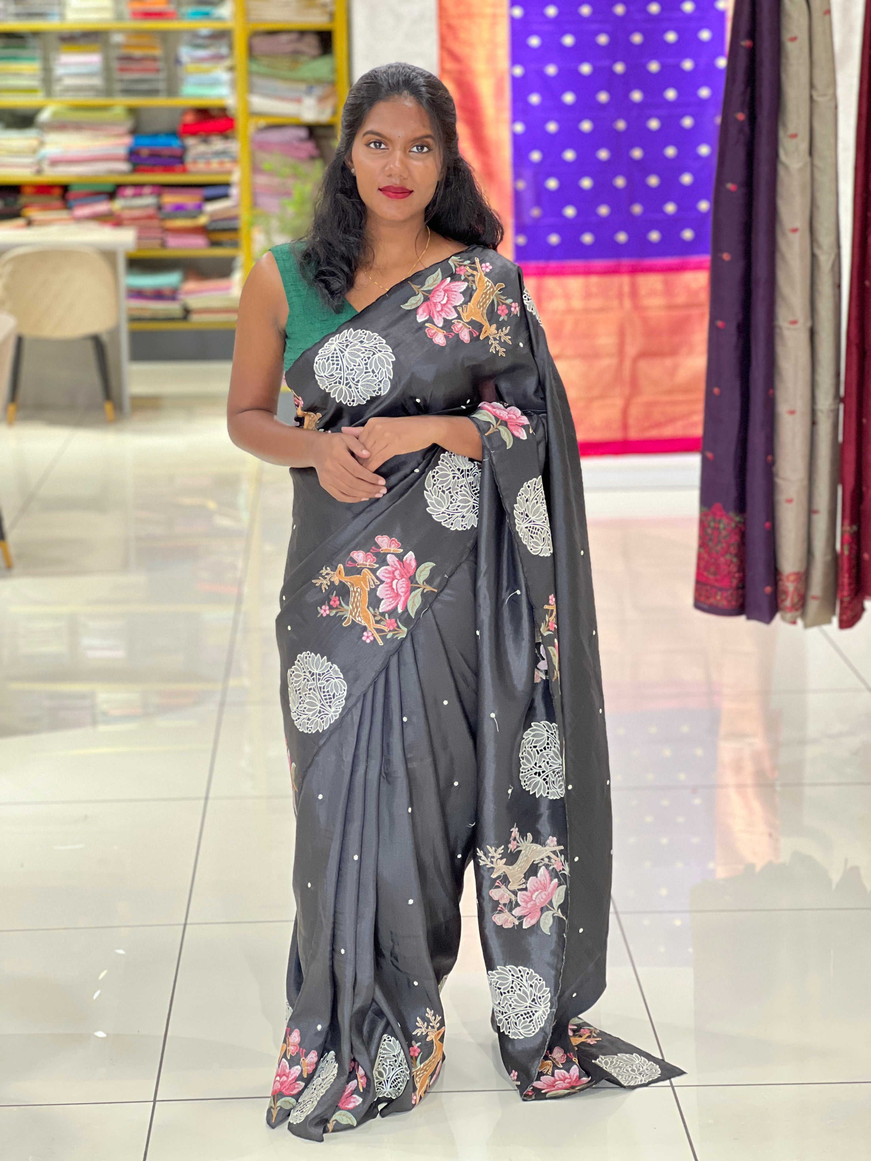 Floral Embroidery Detailed Tussar Saree | SUN578