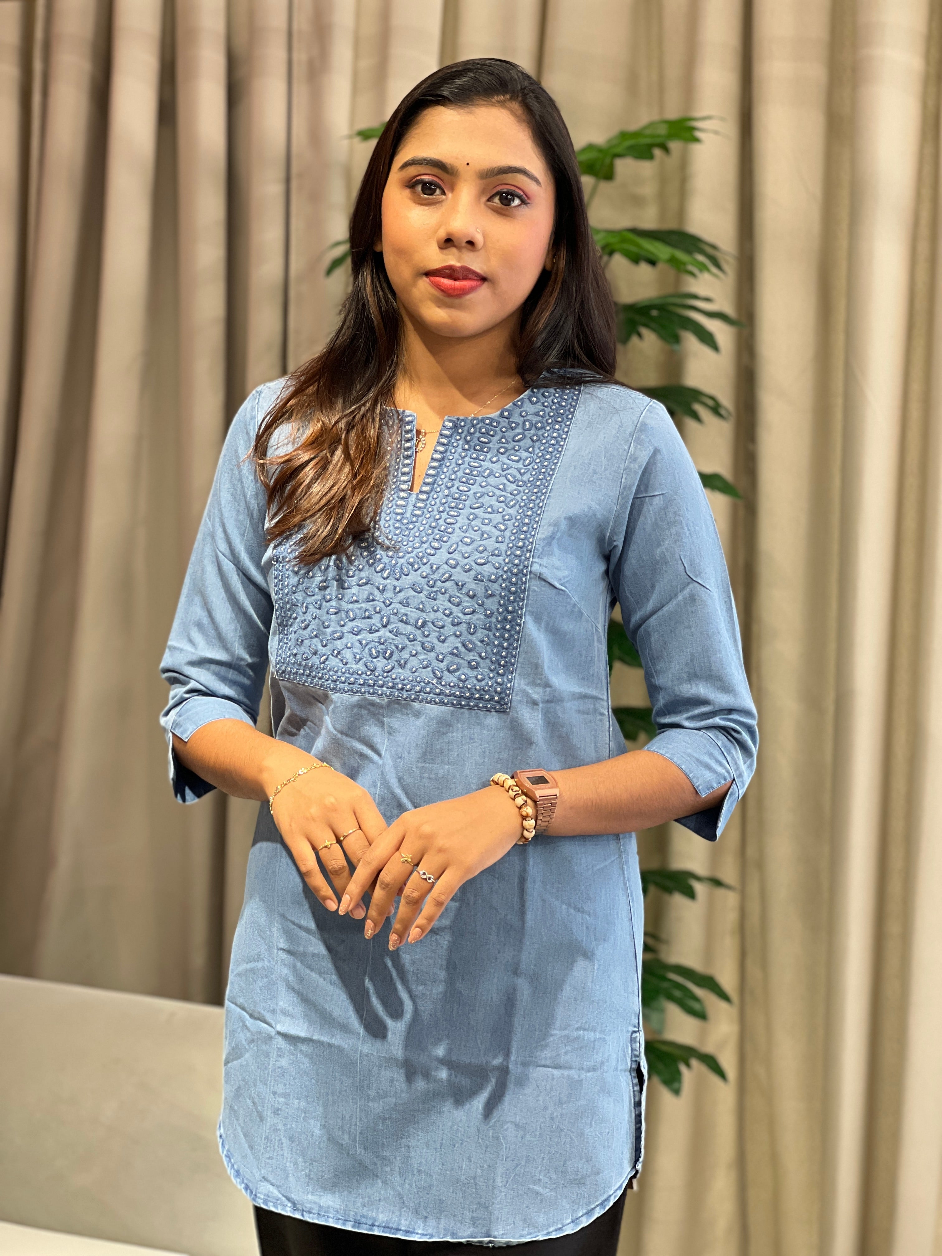 Machine Embroidered Denim Short Kurta | PGI316