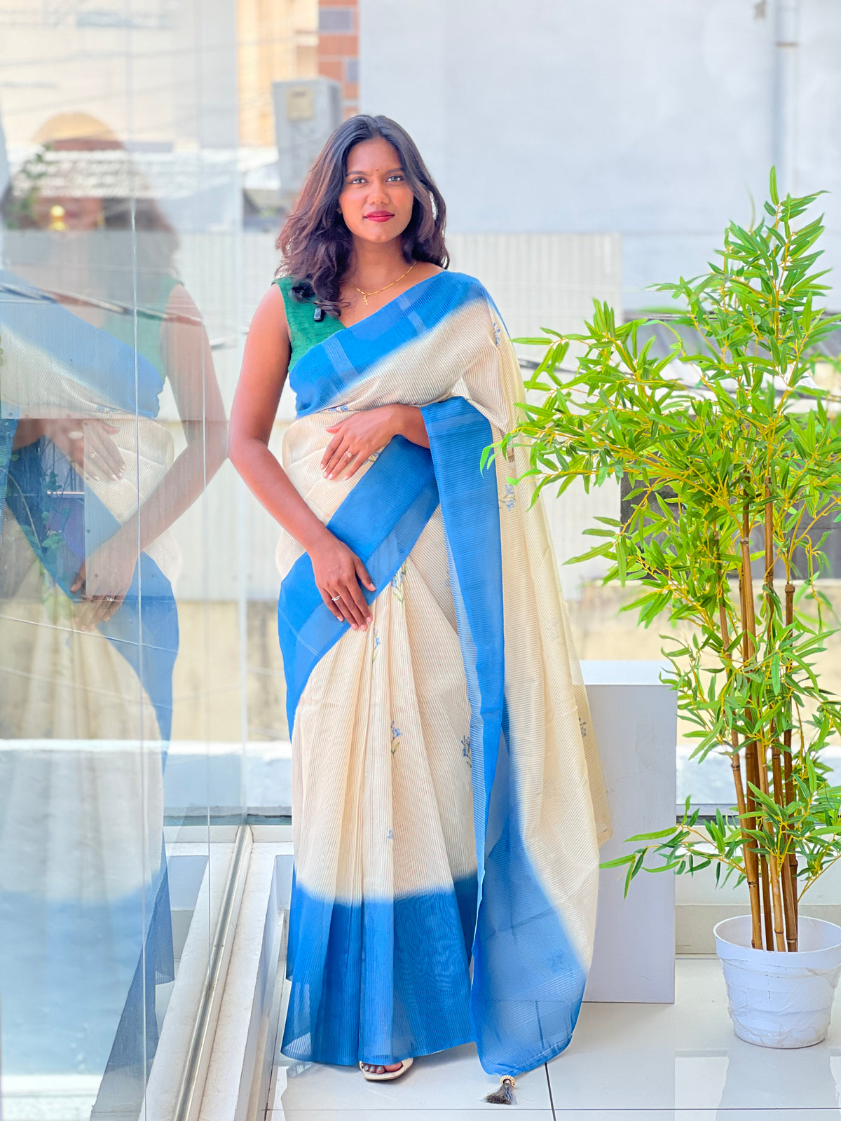 Tissue Woven Line Pattern Chanderi Saree | HT506