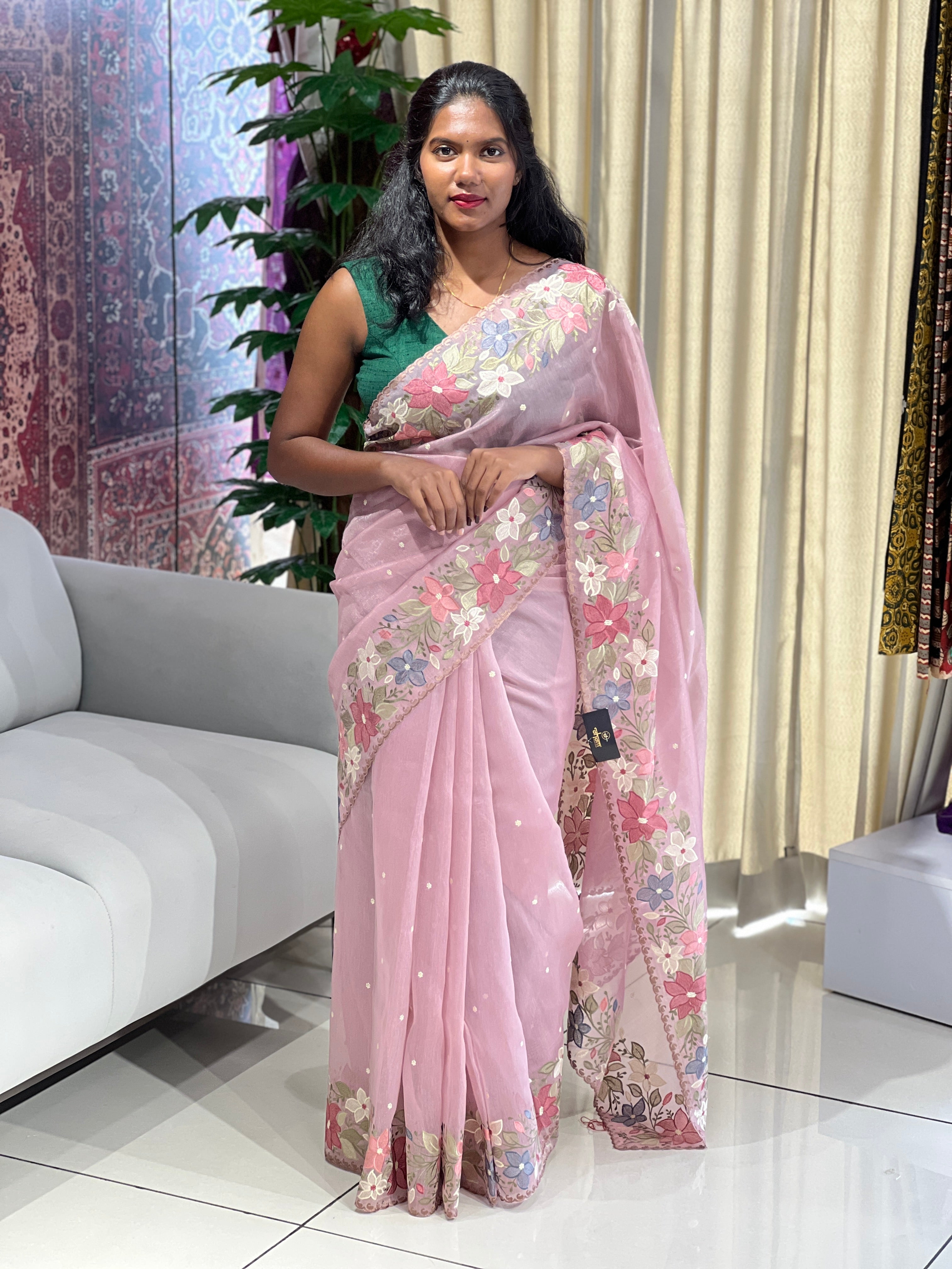 Multi-Colour Floral Embroidery Detailed Tissue Organza Saree | SUN519