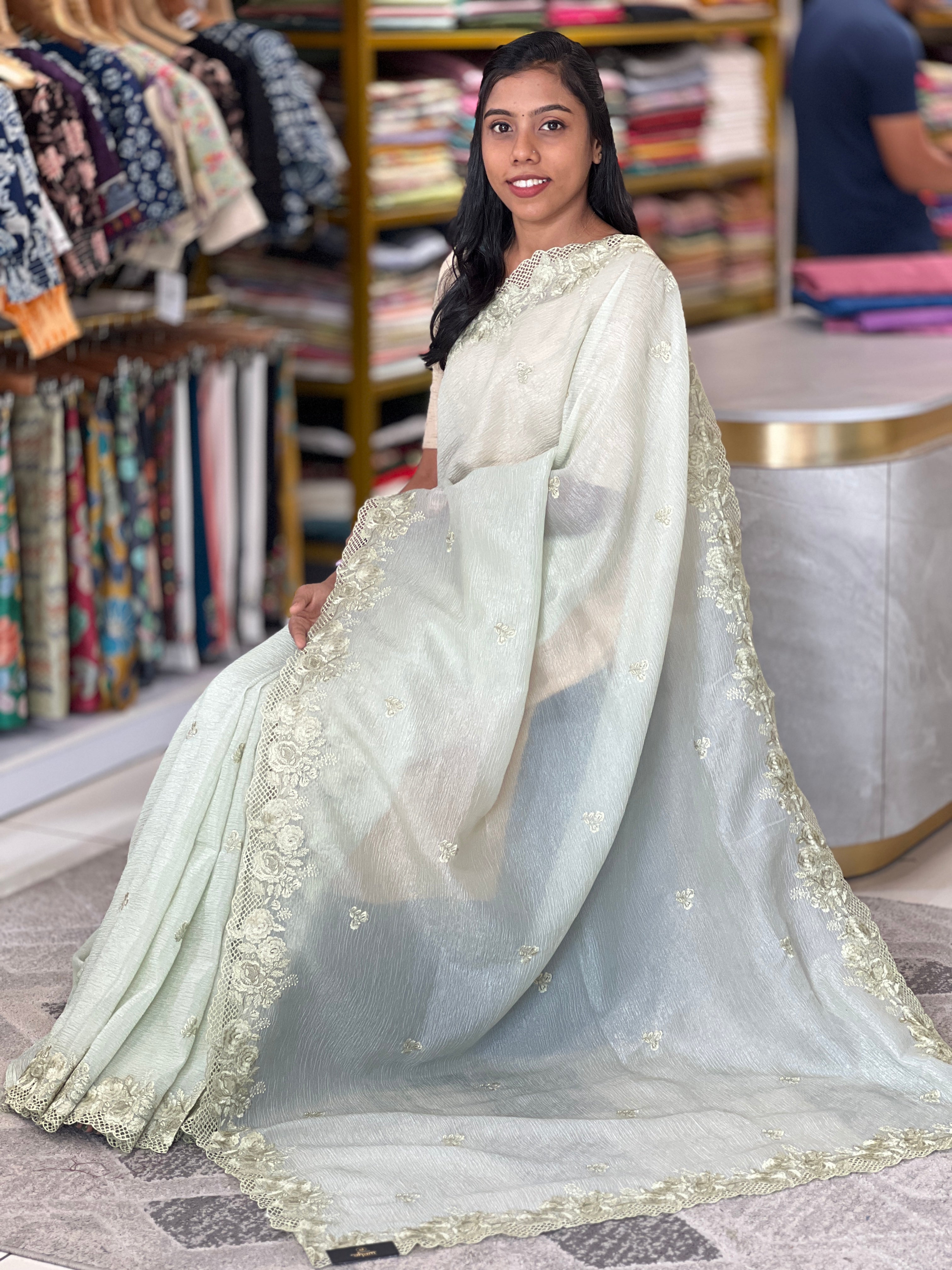 Floral Embroidery Crushed Organza Saree | SBP717