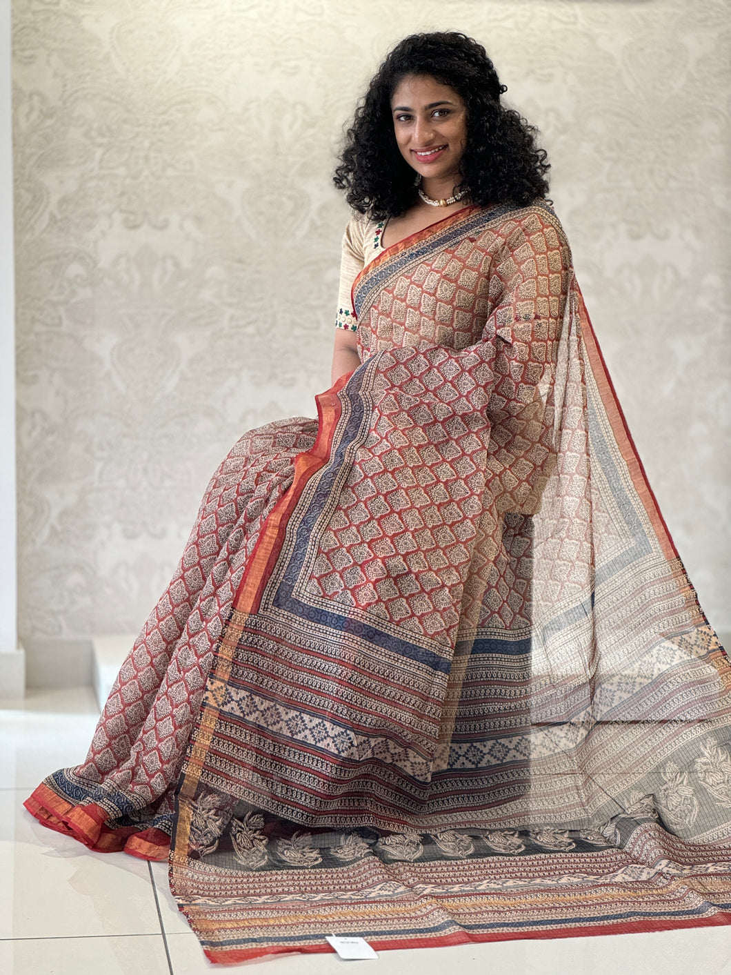 Block Printed Check Kota Saree | VFC465