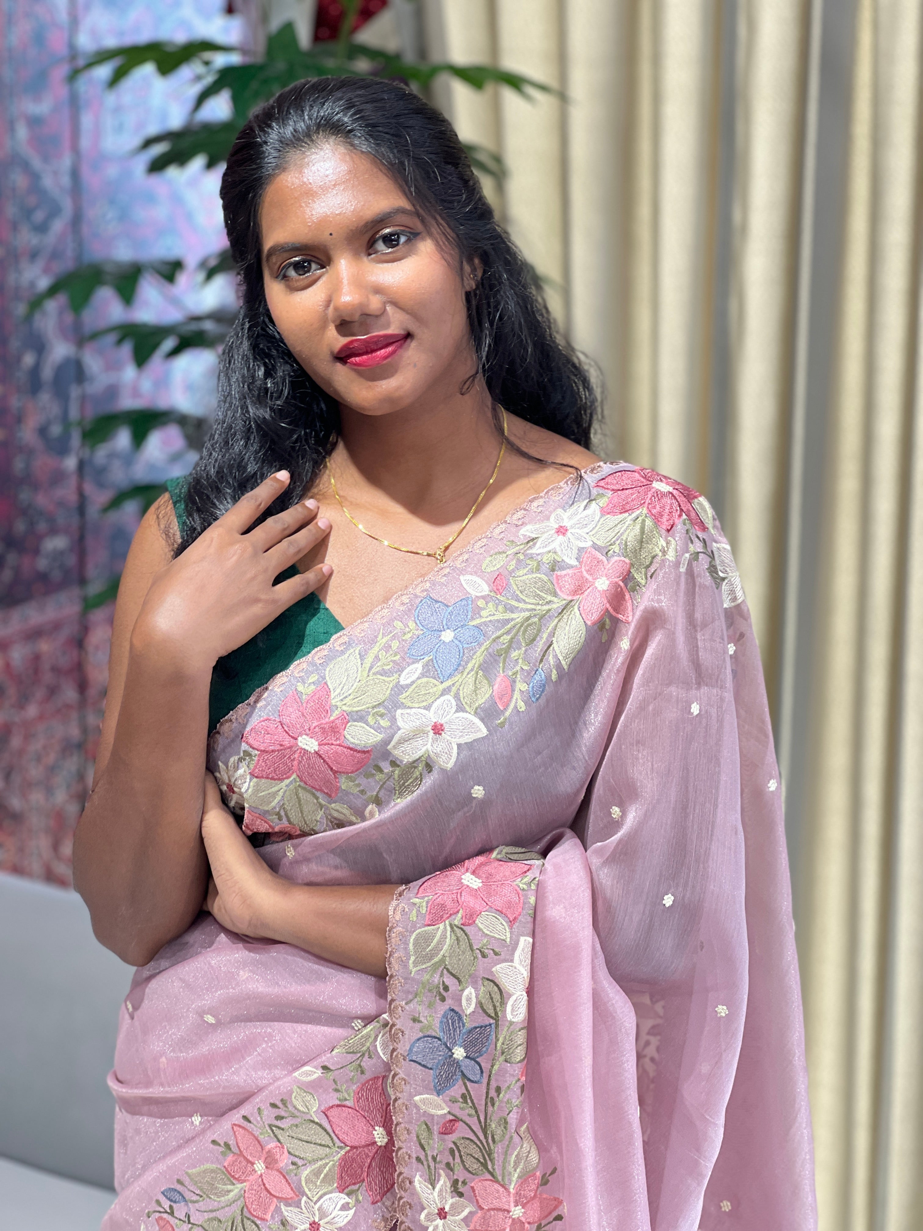 Multi-Colour Floral Embroidery Detailed Tissue Organza Saree | SUN519