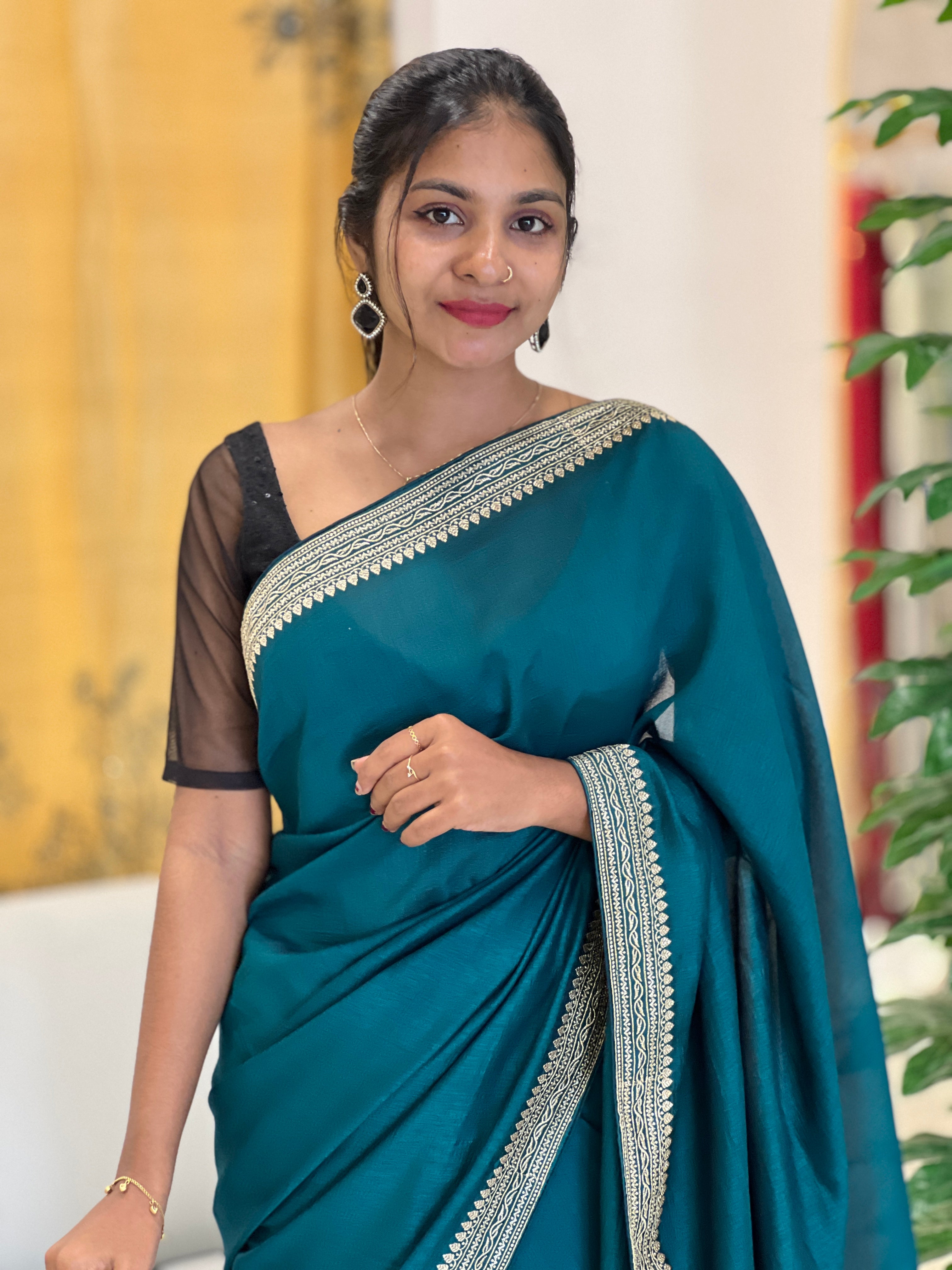 Embroidery Border Detailed Vichitra Silk Saree | RP486