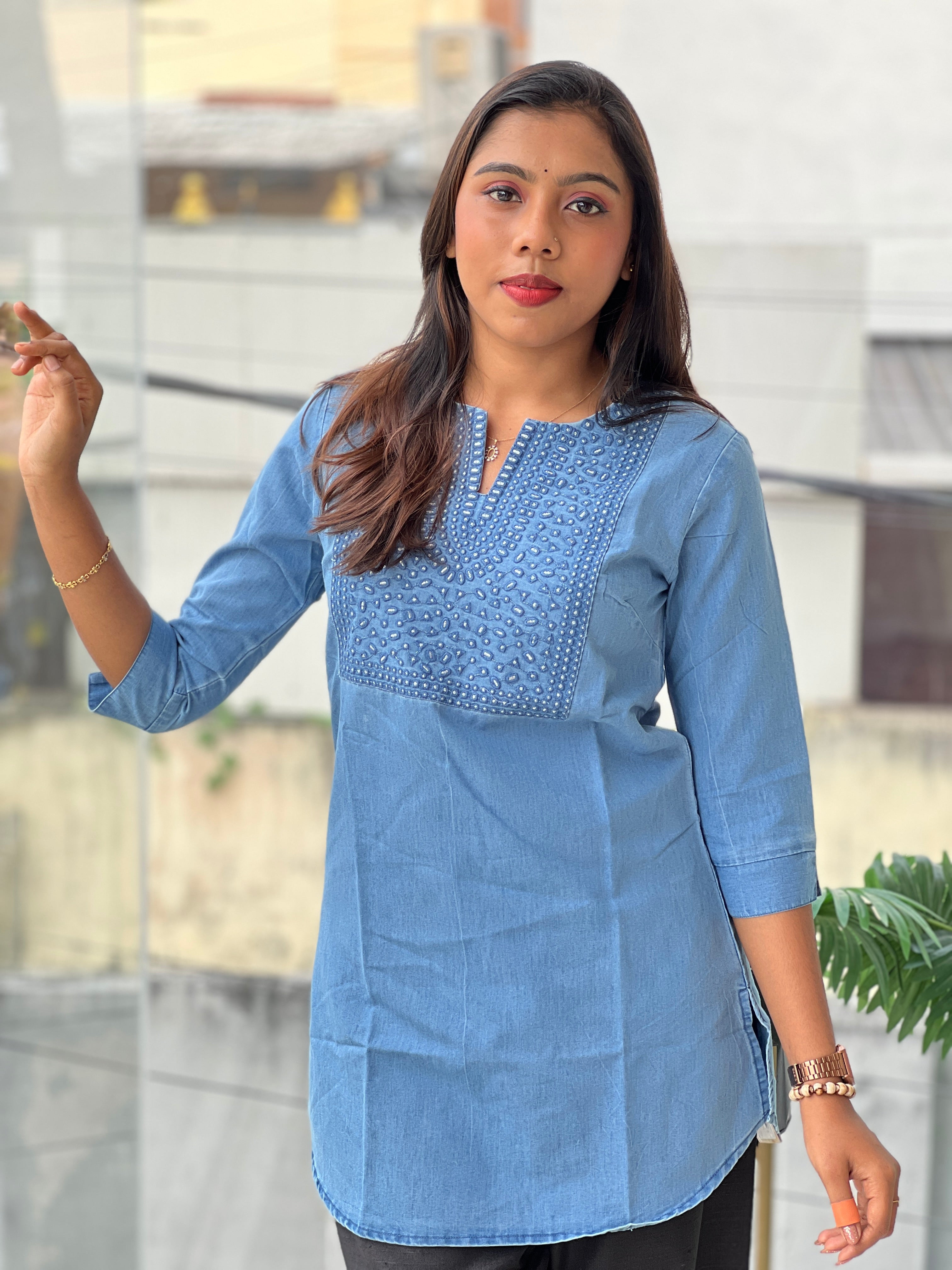 Machine Embroidered Denim Short Kurta | PGI316