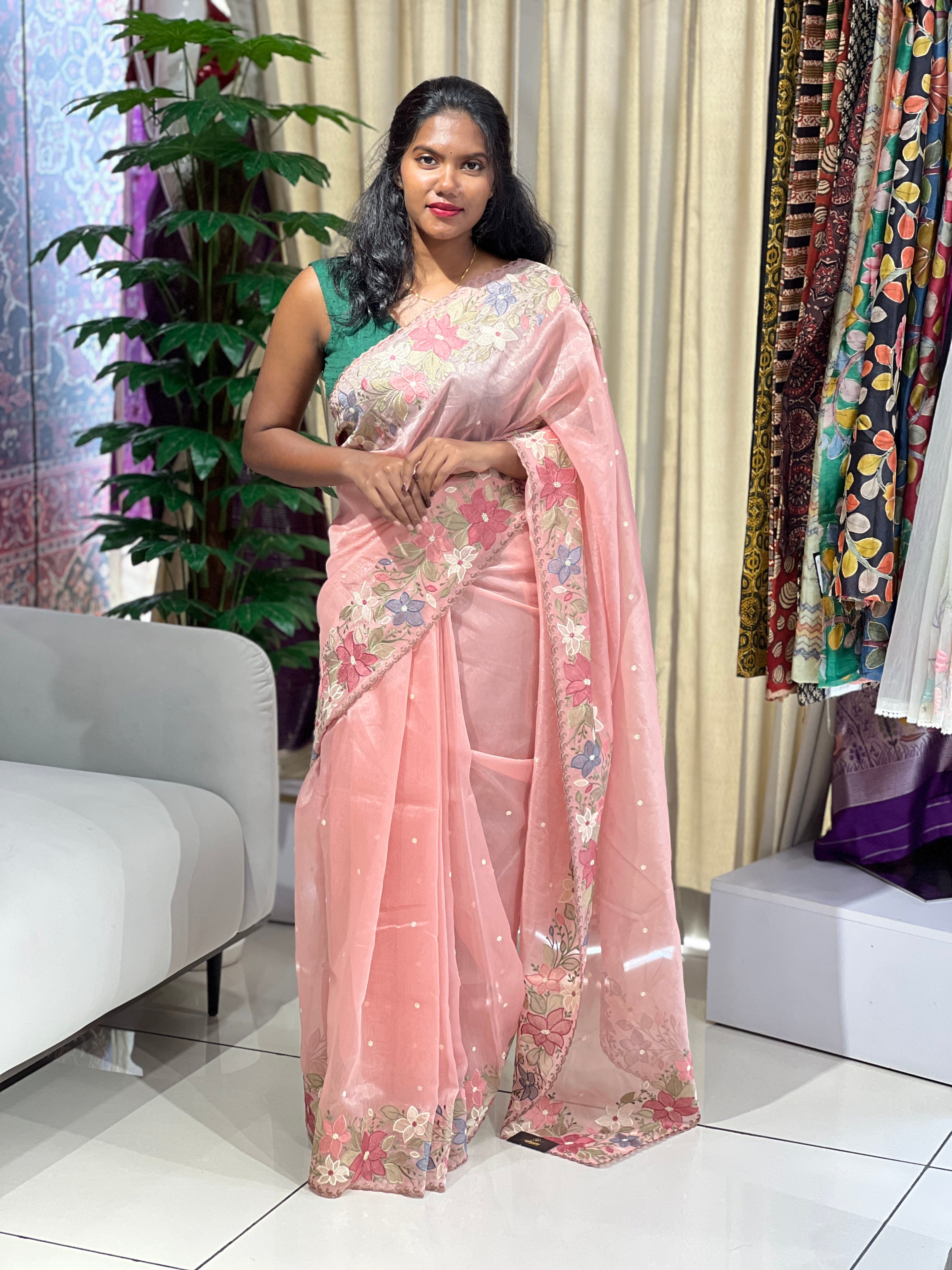 Multi-Colour Floral Embroidery Detailed Tissue Organza Saree | SUN518