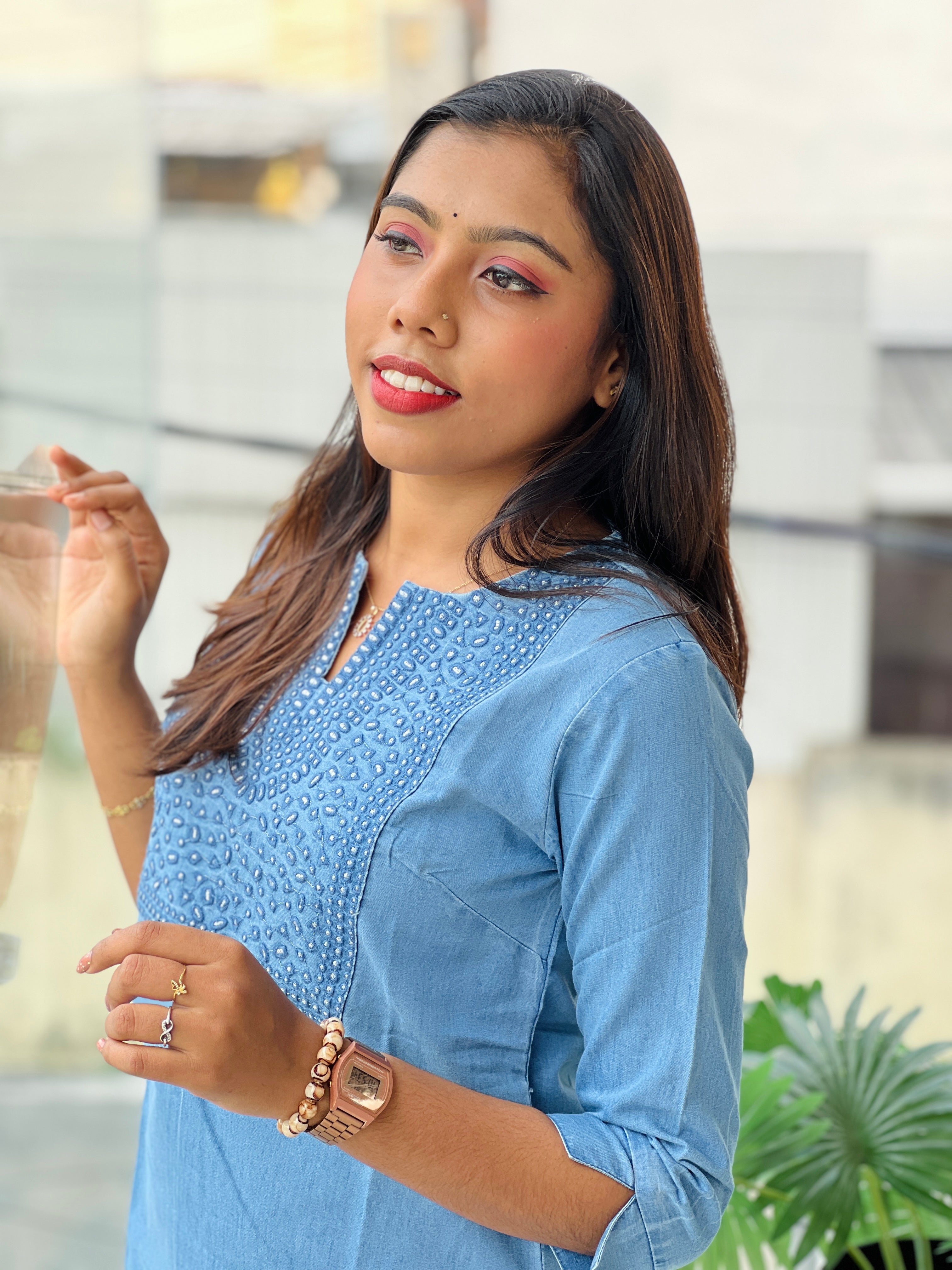 Machine Embroidered Denim Short Kurta | PGI316