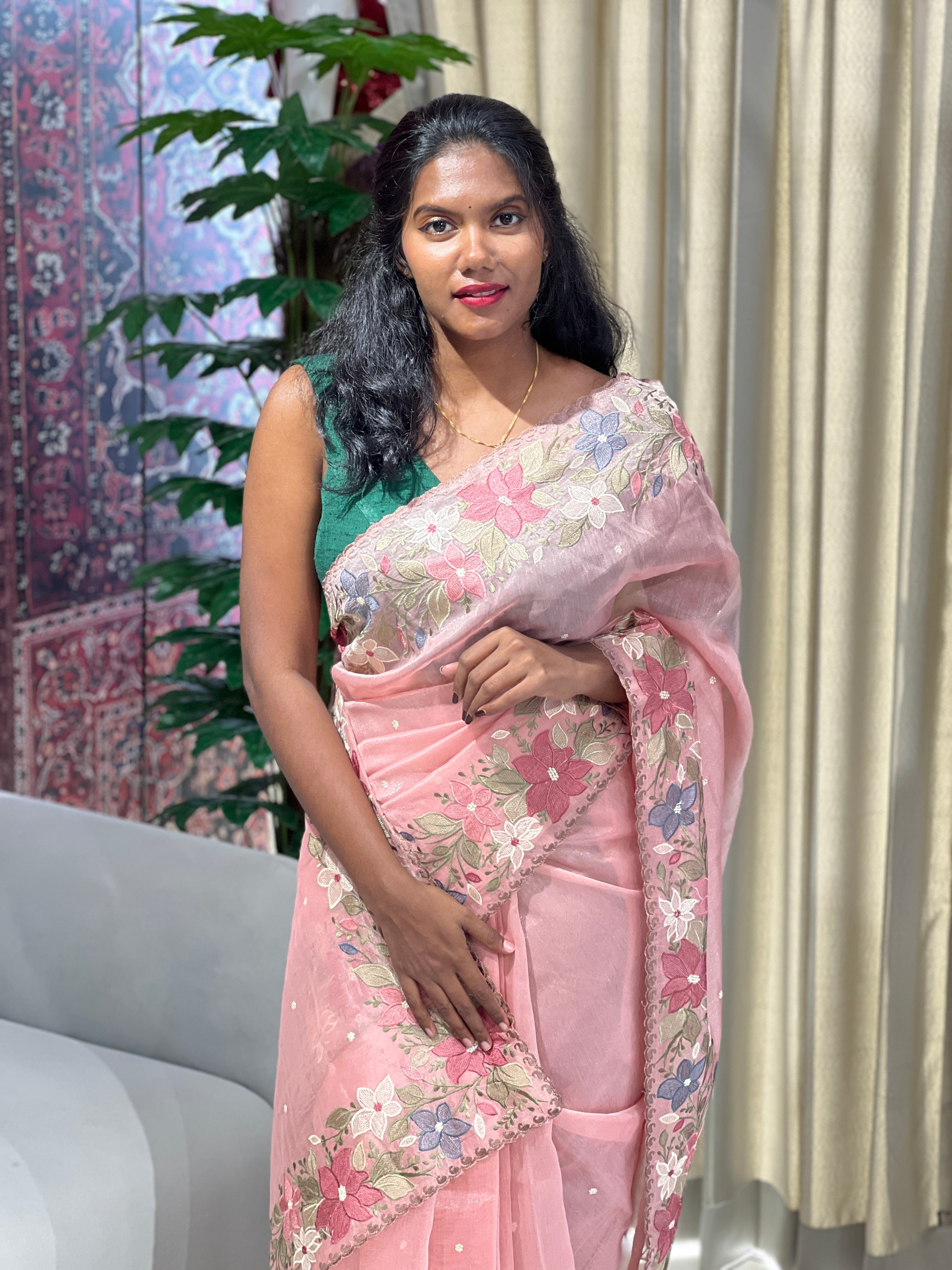 Multi-Colour Floral Embroidery Detailed Tissue Organza Saree | SUN518