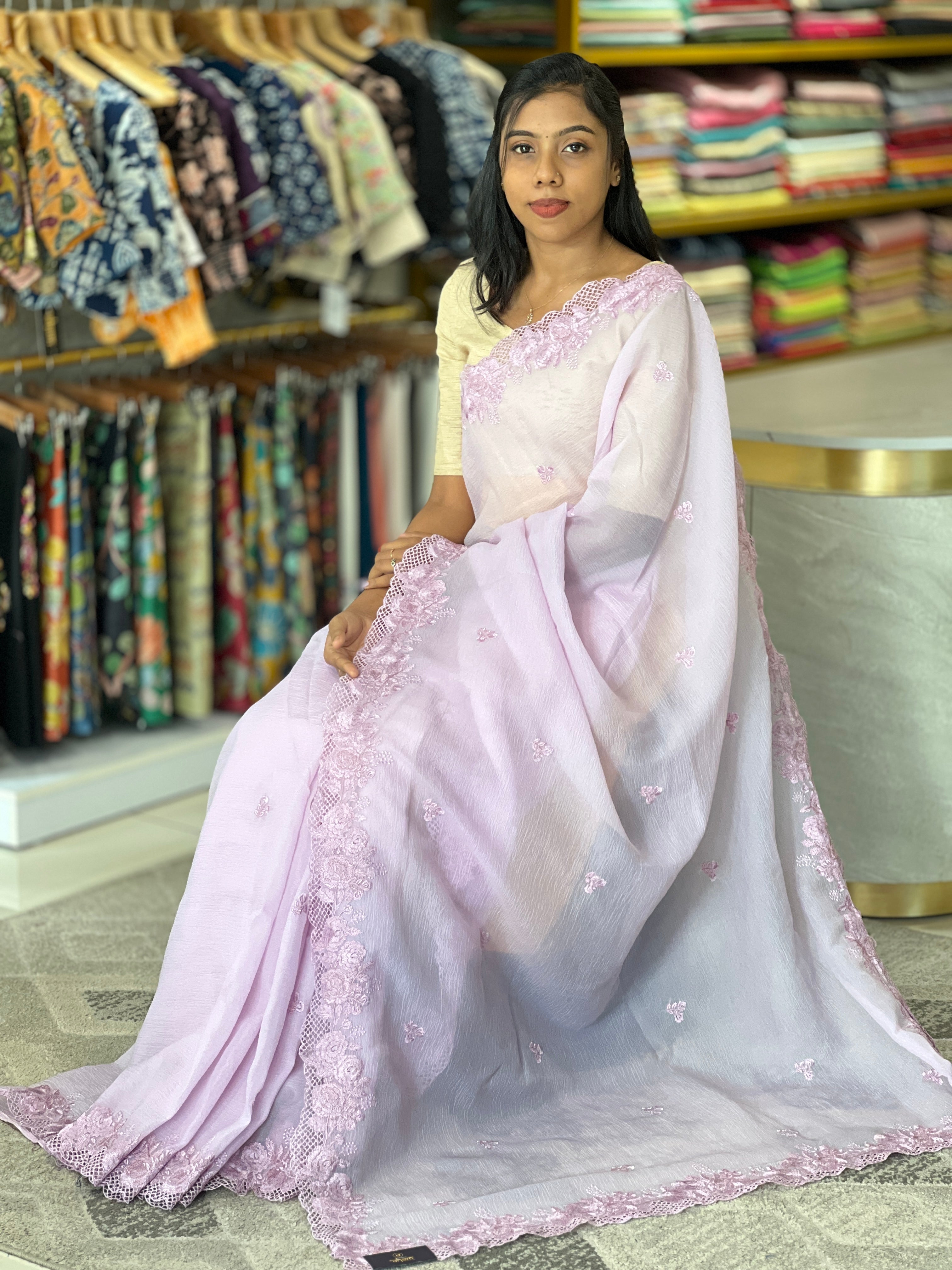 Floral Embroidery Crushed Organza Saree | SBP718