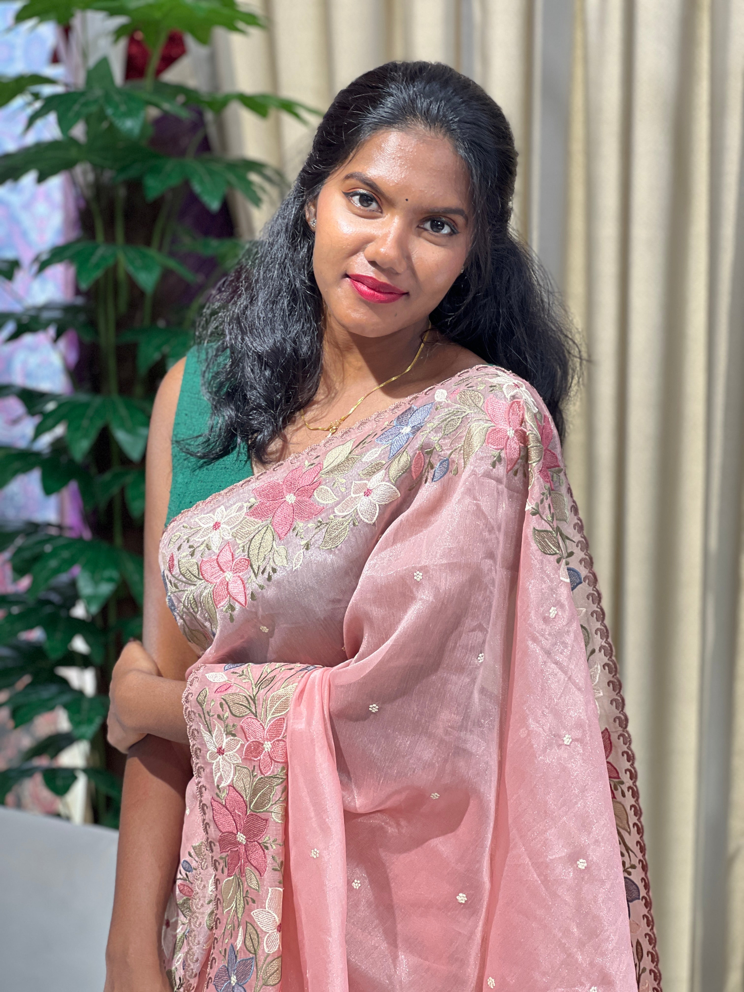 Multi-Colour Floral Embroidery Detailed Tissue Organza Saree | SUN518
