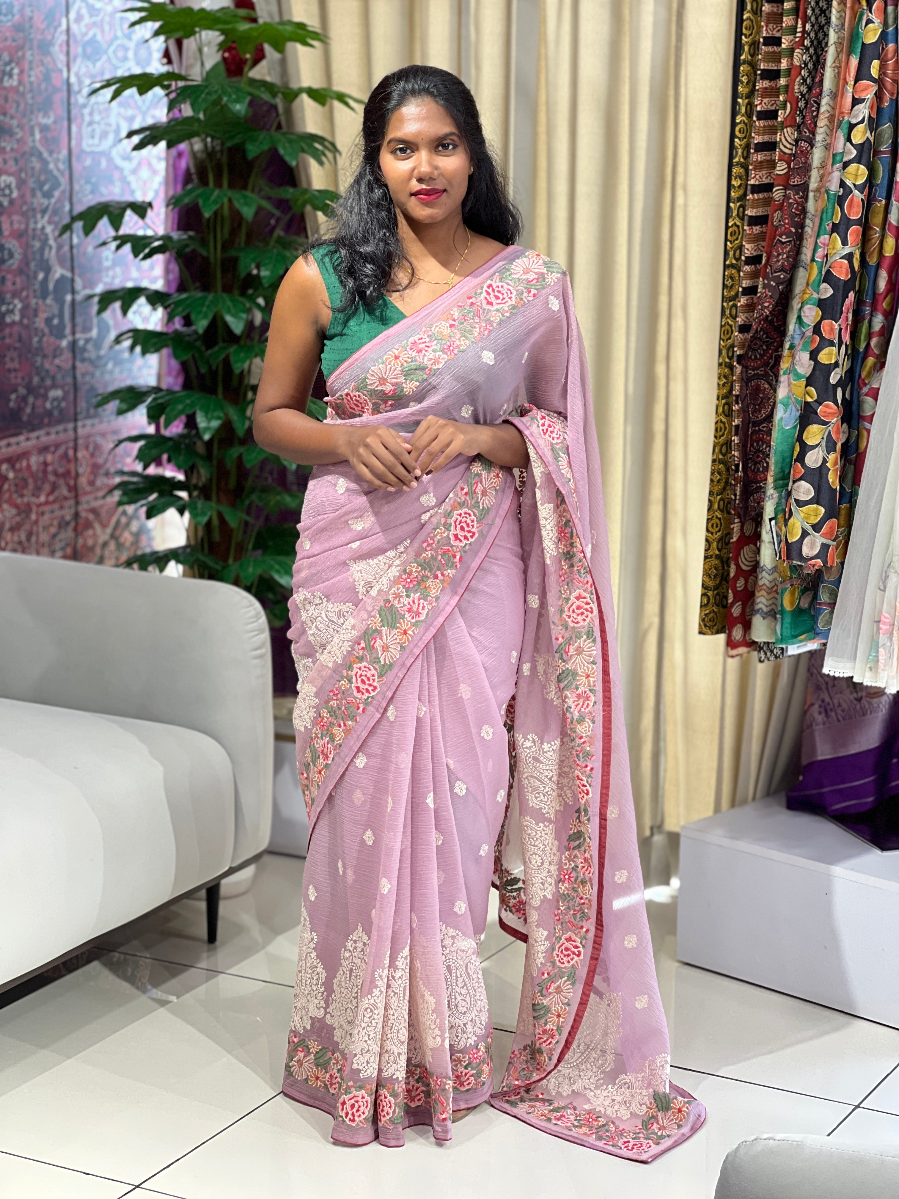 Floral Cross Stitch Embroidery Detailed Crushed Shimmer Organza Saree | SUN580