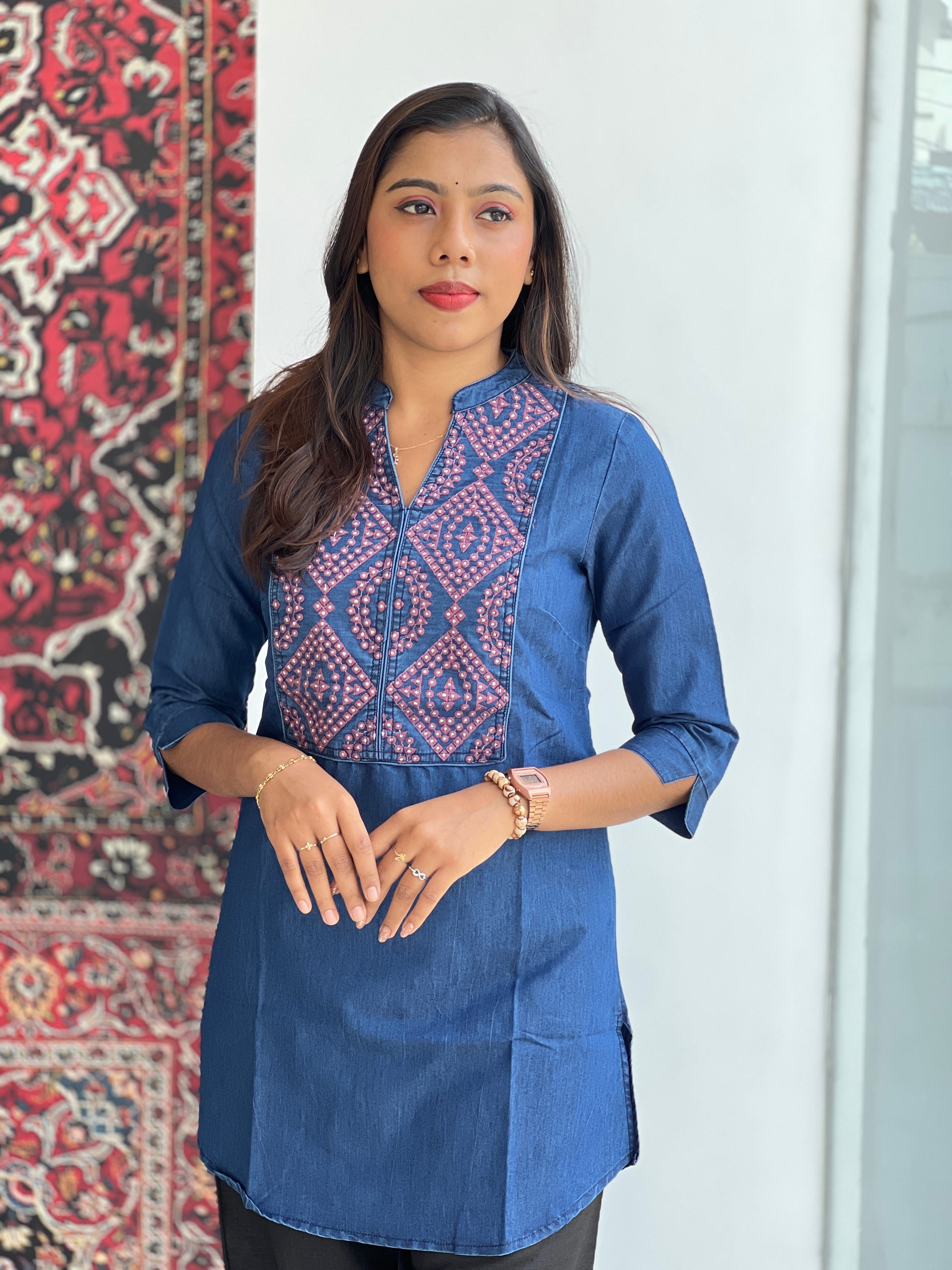 Machine Embroidered Denim Short Kurta | PGI318